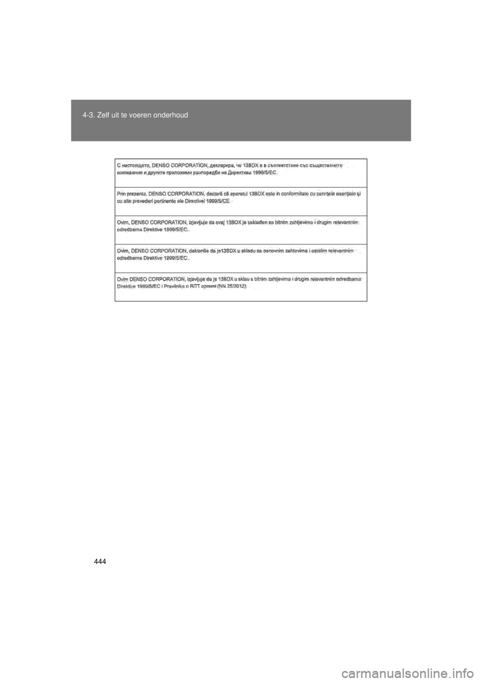 TOYOTA VERSO 2015 Instructieboekje (in Dutch) 444
4-3. Zelf uit te voeren onderhoud
VERSO(BMW)_WE_OM64558E
VERSO_WE.book Page 444 Tuesday, May 12, 2015 3:28 PM TOYOTA VERSO 2015 Instructieboekje (in Dutch) 444
4-3. Zelf uit te voeren onderhoud
VERSO(BMW)_WE_OM64558E
VERSO_WE.book Page 444 Tuesday, May 12, 2015 3:28 PM