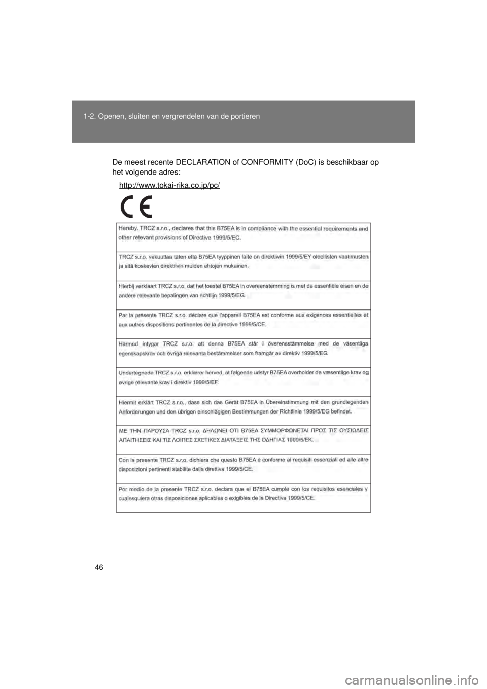 TOYOTA VERSO 2015  Instructieboekje (in Dutch) 46
1-2. Openen, sluiten en vergrendelen van de portieren
VERSO(BMW)_WE_OM64558E
De meest recente DECLARATION of CONFORMITY (DoC) is beschikbaar op
het volgende adres:
http://www.tokai-rika.co.jp/pc/
V