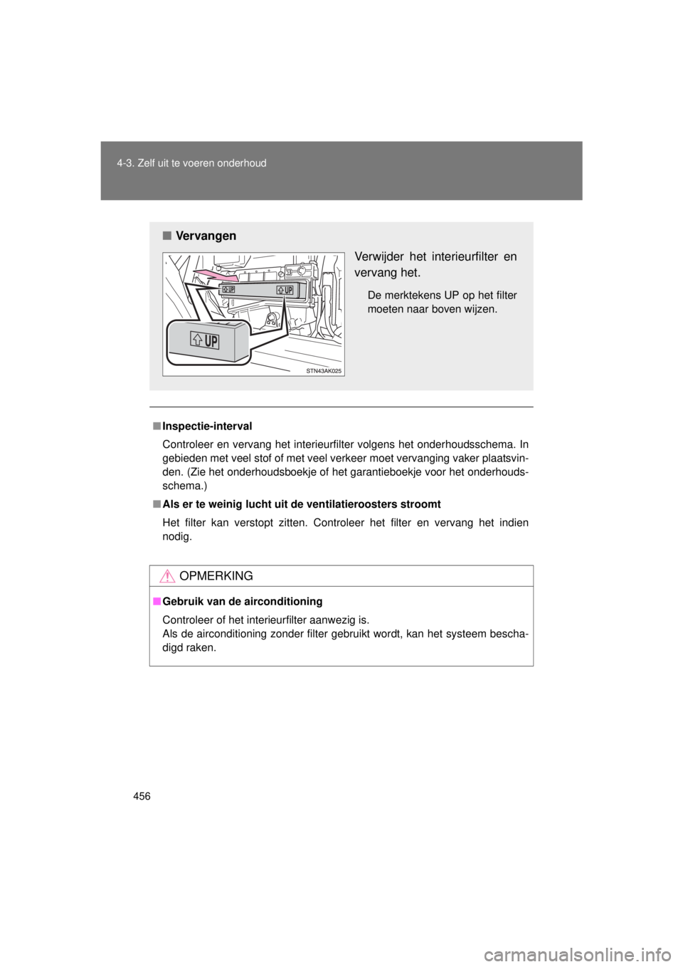 TOYOTA VERSO 2015  Instructieboekje (in Dutch) 456
4-3. Zelf uit te voeren onderhoud
VERSO(BMW)_WE_OM64558E
■
Inspectie-interval
Controleer en vervang het interieurfilter volgens het onderhoudsschema. In
gebieden met veel stof of met veel verkee