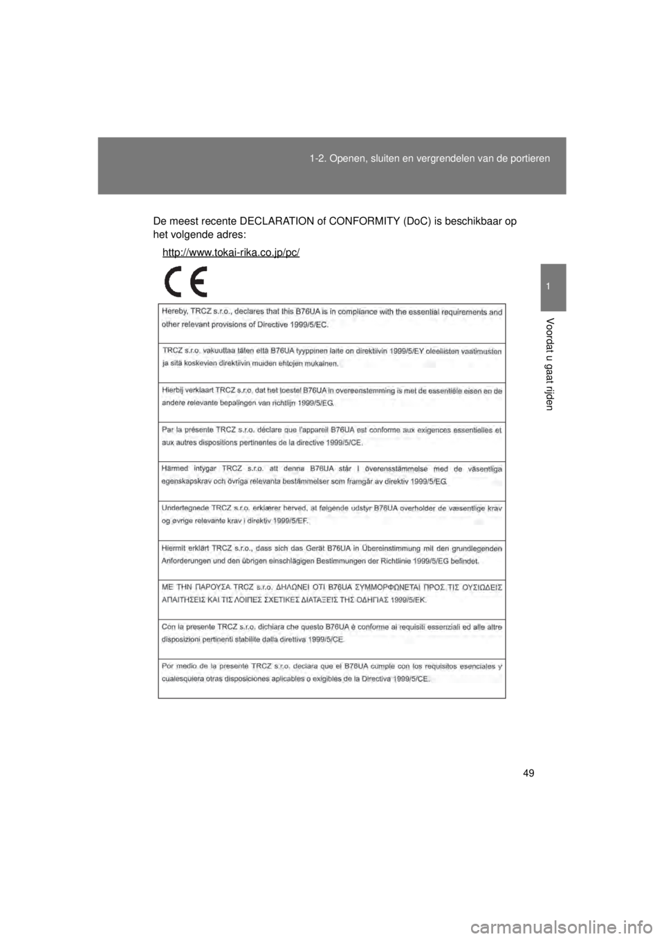 TOYOTA VERSO 2015  Instructieboekje (in Dutch) 49
1-2. Openen, sluiten en vergrendelen van de portieren
1
Voordat u gaat rijden
VERSO(BMW)_WE_OM64558E
De meest recente DECLARATION of CONFORMITY (DoC) is beschikbaar op
het volgende adres:
http://ww