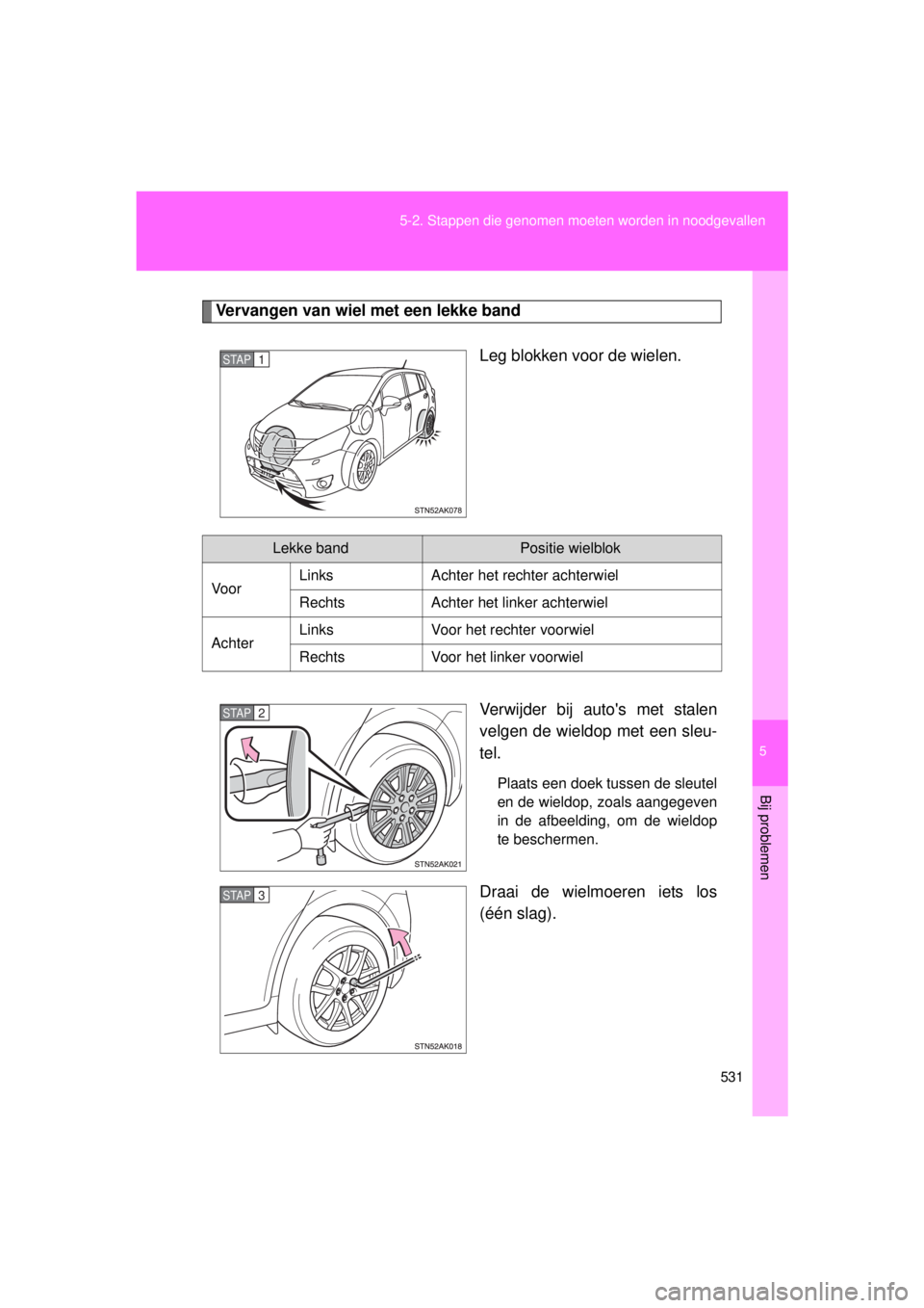 TOYOTA VERSO 2015 Instructieboekje (in Dutch) 5
531
5-2. Stappen die genomen moeten worden in noodgevallen
Bij problemen
VERSO(BMW)_WE_OM64558E
Vervangen van wiel met een lekke band
Leg blokken voor de wielen.
Verwijder bij autos met stalen
velg TOYOTA VERSO 2015 Instructieboekje (in Dutch) 5
531
5-2. Stappen die genomen moeten worden in noodgevallen
Bij problemen
VERSO(BMW)_WE_OM64558E
Vervangen van wiel met een lekke band
Leg blokken voor de wielen.
Verwijder bij autos met stalen
velg