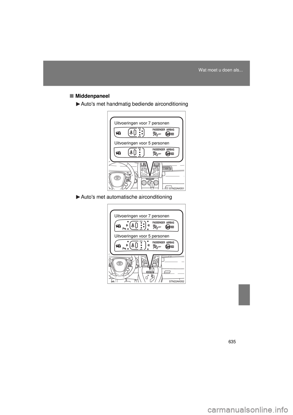TOYOTA VERSO 2015 Instructieboekje (in Dutch) 635
Wat moet u doen als...
VERSO(BMW)_WE_OM64558E
■
Middenpaneel
Autos met handmatig bediende airconditioning
Autos met automatische airconditioning
Uitvoeringen voor 7 personen
Uitvoeringen voor TOYOTA VERSO 2015 Instructieboekje (in Dutch) 635
Wat moet u doen als...
VERSO(BMW)_WE_OM64558E
■
Middenpaneel
Autos met handmatig bediende airconditioning
Autos met automatische airconditioning
Uitvoeringen voor 7 personen
Uitvoeringen voor