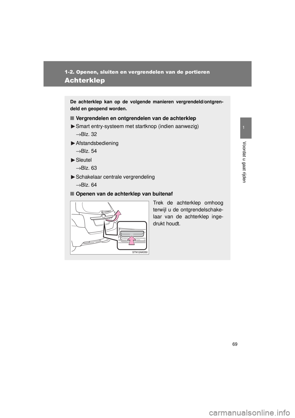TOYOTA VERSO 2015 Instructieboekje (in Dutch) 69
1
1-2. Openen, sluiten en vergrendelen van de portieren
Voordat u gaat rijden
VERSO(BMW)_WE_OM64558E
Achterklep
De achterklep kan op de volgende manieren vergrendeld/ontgren-
deld en geopend worden TOYOTA VERSO 2015 Instructieboekje (in Dutch) 69
1
1-2. Openen, sluiten en vergrendelen van de portieren
Voordat u gaat rijden
VERSO(BMW)_WE_OM64558E
Achterklep
De achterklep kan op de volgende manieren vergrendeld/ontgren-
deld en geopend worden