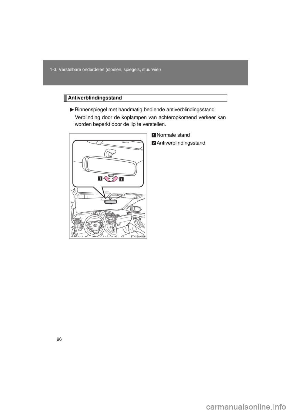 TOYOTA VERSO 2015 Instructieboekje (in Dutch) 96
1-3. Verstelbare onderdelen (stoelen, spiegels, stuurwiel)
VERSO(BMW)_WE_OM64558E
Antiverblindingsstand
Binnenspiegel met handmatig be diende antiverblindingsstand
Verblinding door de koplampen van TOYOTA VERSO 2015 Instructieboekje (in Dutch) 96
1-3. Verstelbare onderdelen (stoelen, spiegels, stuurwiel)
VERSO(BMW)_WE_OM64558E
Antiverblindingsstand
Binnenspiegel met handmatig be diende antiverblindingsstand
Verblinding door de koplampen van