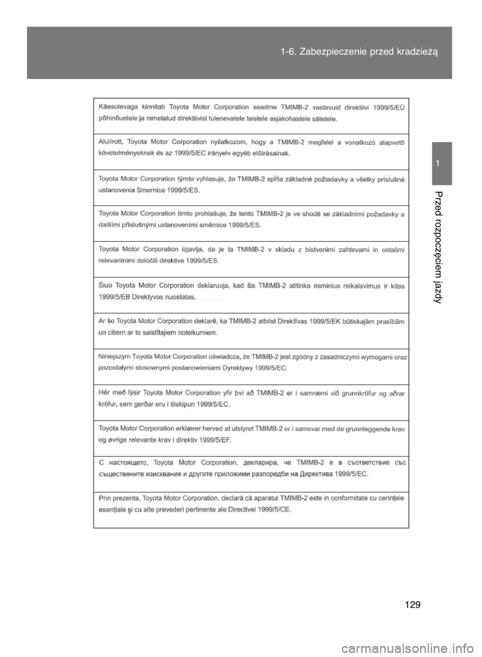 TOYOTA VERSO 2015  Instrukcja obsługi (in Polish) 1-6. Zabezpieczenie przed kradzie˝à
129
1
Przed rozpocz´ciem jazdy
7 INSTR VERSO OM64574E  11/2/15  12:04  Page 129    (Black plate) 