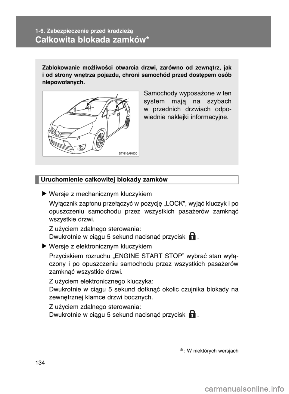 TOYOTA VERSO 2015  Instrukcja obsługi (in Polish) 1-6. Zabezpieczenie przed kradzie˝à
Ca∏kowita blokada zamków*
134Zablokowanie  mo˝liwoÊci  otwarcia  drzwi,  zarówno  od  zewnàtrz,  jak
i od  strony  wn´trza  pojazdu,  chroni  samochód  p