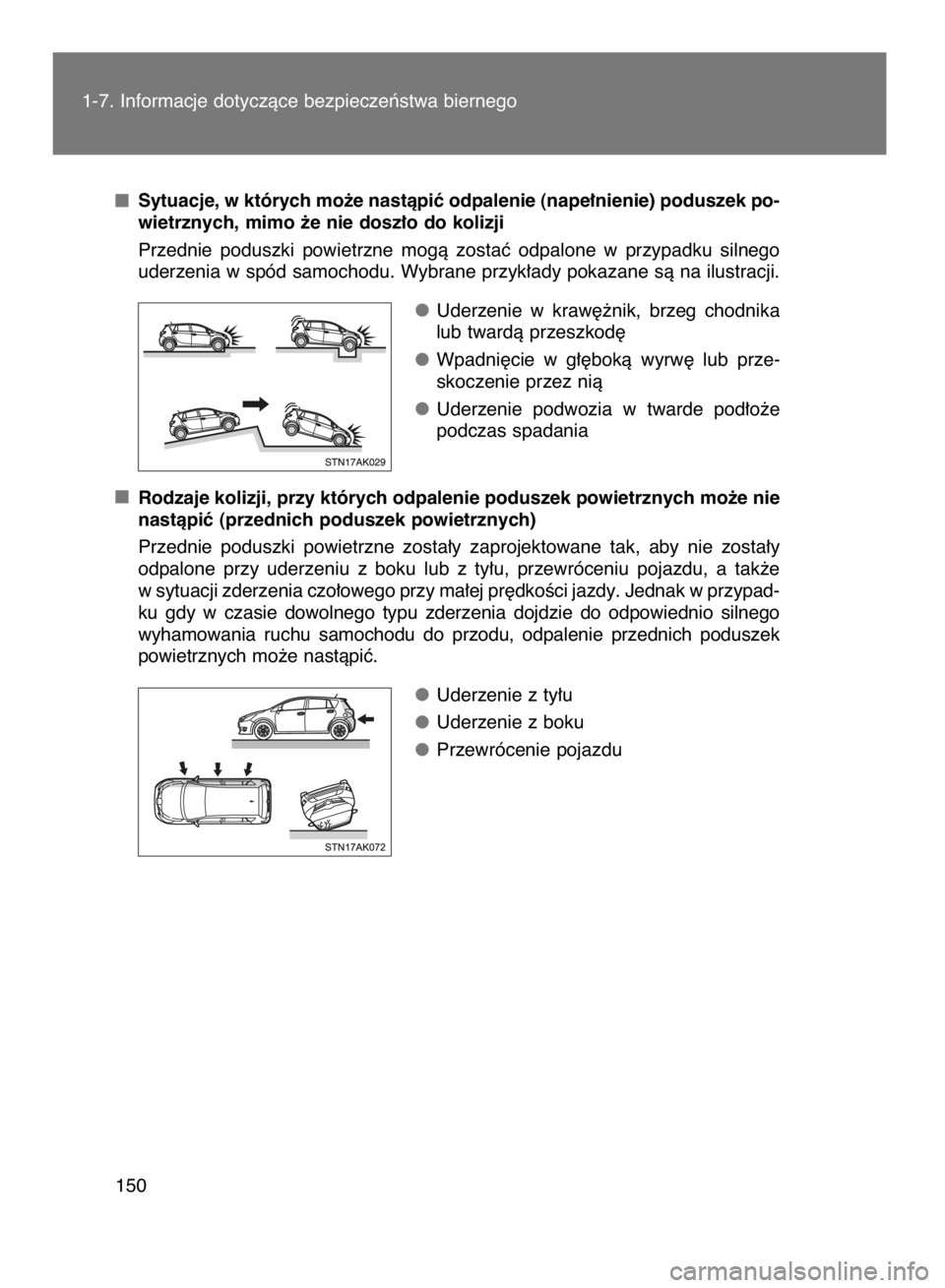 TOYOTA VERSO 2015  Instrukcja obsługi (in Polish) 150 1-7. Informacje dotyczàce bezpieczeƒstwa biernego
Sytuacje, w których mo˝e nastàpiç odpalenie (nape∏nienie) poduszek po-
wietrznych, mimo ˝e nie dosz∏o do kolizji
Przednie  poduszki  po