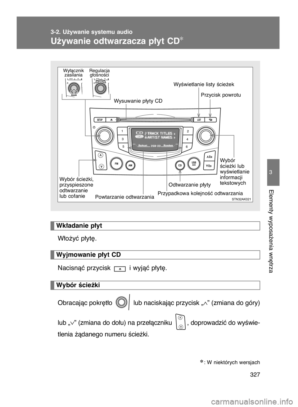 TOYOTA VERSO 2015  Instrukcja obsługi (in Polish) 3-2. U˝ywanie systemu audio
U˝ywanie odtwarzacza p∏yt CD✻
327
3
Elementy wyposa˝enia wn´trza
W∏o˝yç p∏yt´.
Nacisnàç przycisk  i wyjàç p∏yt´.
Obracajàc pokr´t∏o  lub naciskaj