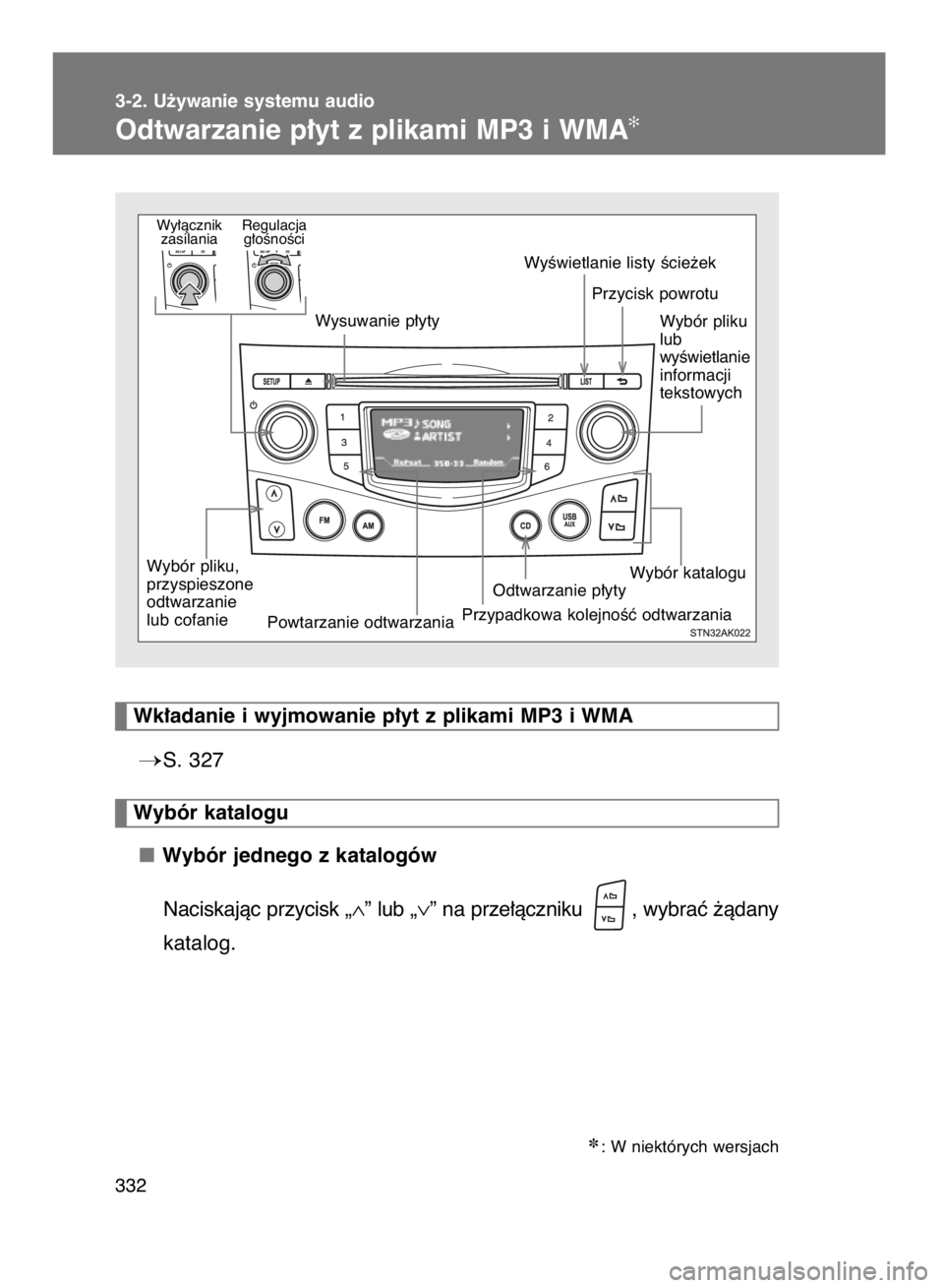 TOYOTA VERSO 2015  Instrukcja obsługi (in Polish) 3-2. U˝ywanie systemu audio
Odtwarzanie p∏yt z plikami MP3 i WMA✻
332
S. 327
Wybór jednego z katalogów
Naciskajàc przycisk „
∧” lub „∨” na prze∏àczniku  , wybraç ˝àdany
kata