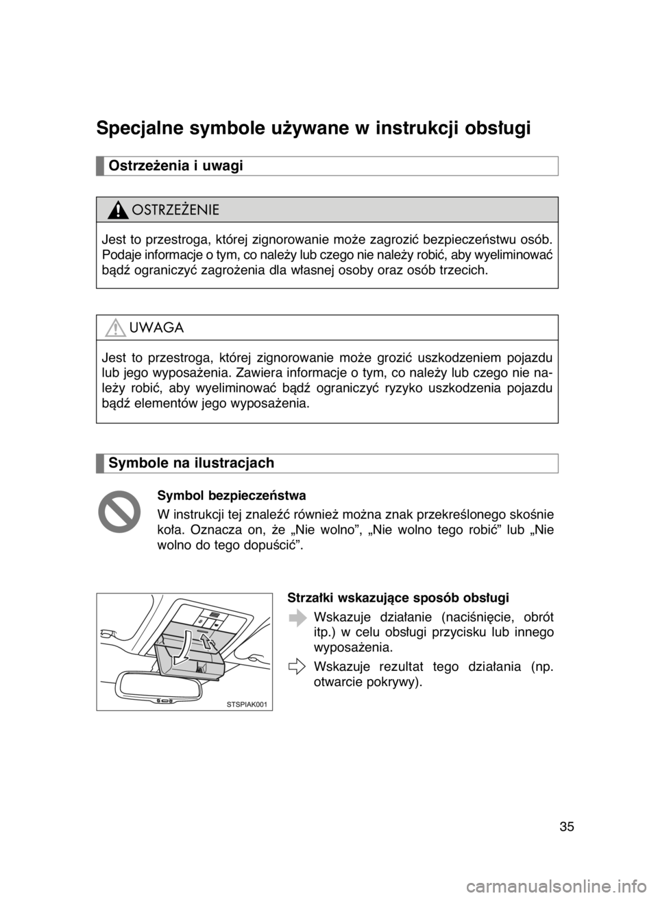 TOYOTA VERSO 2015  Instrukcja obsługi (in Polish) Specjalne symbole u˝ywane w instrukcji obs∏ugi
Symbol bezpieczeƒstwa
W instrukcji tej znaleêç równie˝ mo˝na znak przekreÊlonego skoÊnie
ko∏a.  Oznacza  on,  ˝e  „Nie  wolno”,  „Nie