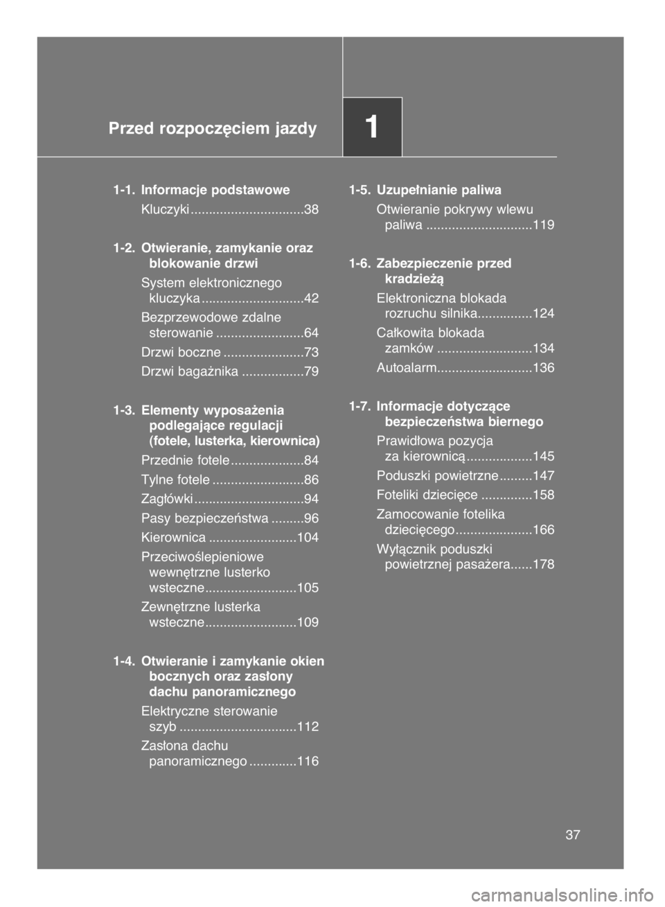 TOYOTA VERSO 2015  Instrukcja obsługi (in Polish) Przed rozpocz´ciem jazdy1
1-1. Informacje podstawowe
Kluczyki ...............................38
1-2. Otwieranie, zamykanie oraz
blokowanie drzwi
System elektronicznego 
kluczyka .....................
