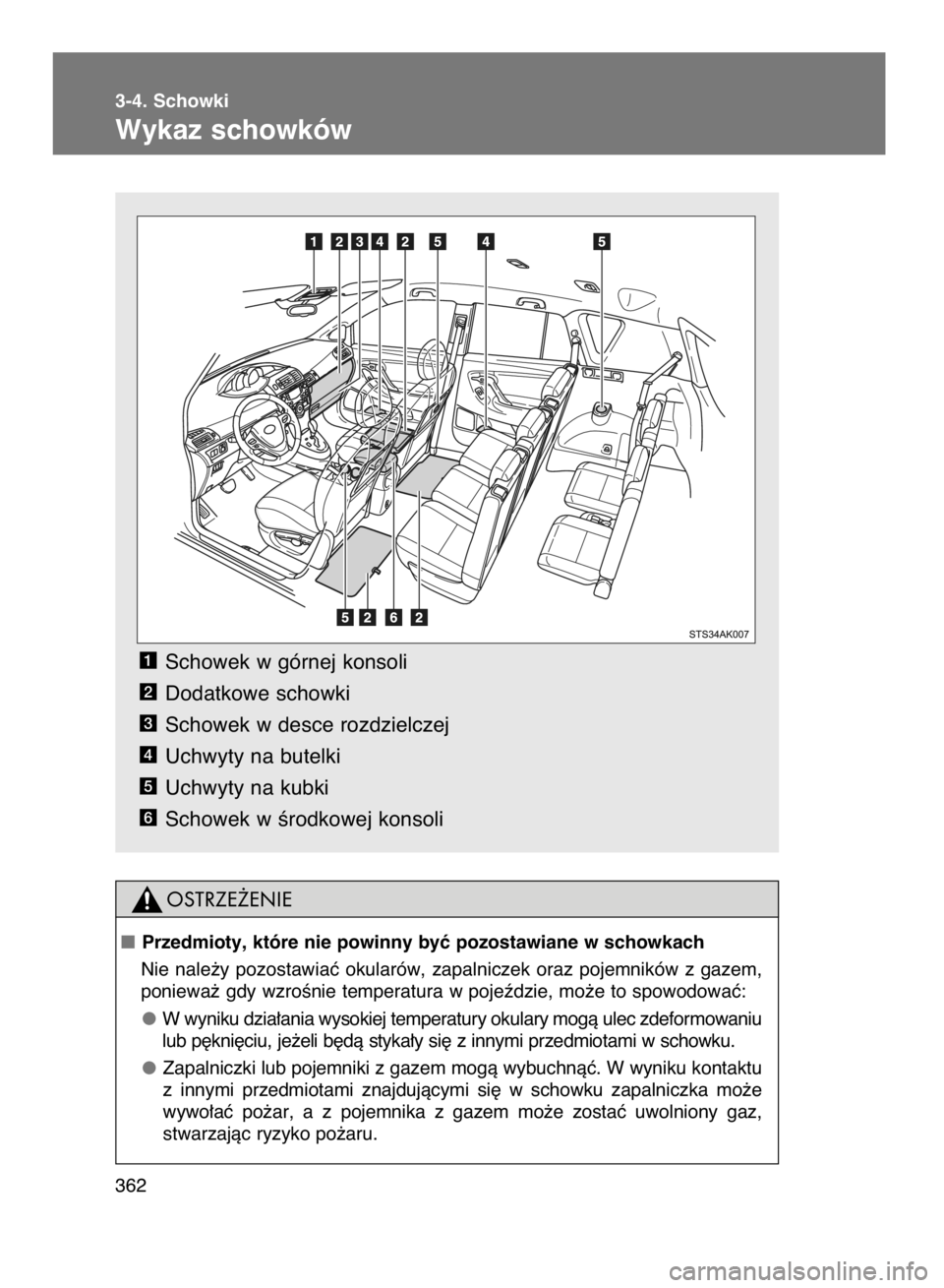 TOYOTA VERSO 2015  Instrukcja obsługi (in Polish) Schowek w górnej konsoli
Dodatkowe schowki
Schowek w desce rozdzielczej
Uchwyty na butelki
Uchwyty na kubki
Schowek w Êrodkowej konsoli
6
5
4
3
2
1
362 3-4. Schowki
Wykaz schowków
Przedmioty, któ