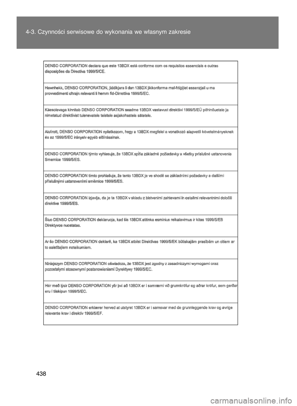 TOYOTA VERSO 2015 Instrukcja obsługi (in Polish) 4-3. CzynnoÊci serwisowe do wykonania we w∏asnym zakresie
438
7 INSTR VERSO OM64574E 11/2/15 12:05 Page 438 (Black plate) TOYOTA VERSO 2015 Instrukcja obsługi (in Polish) 4-3. CzynnoÊci serwisowe do wykonania we w∏asnym zakresie
438
7 INSTR VERSO OM64574E 11/2/15 12:05 Page 438 (Black plate)
