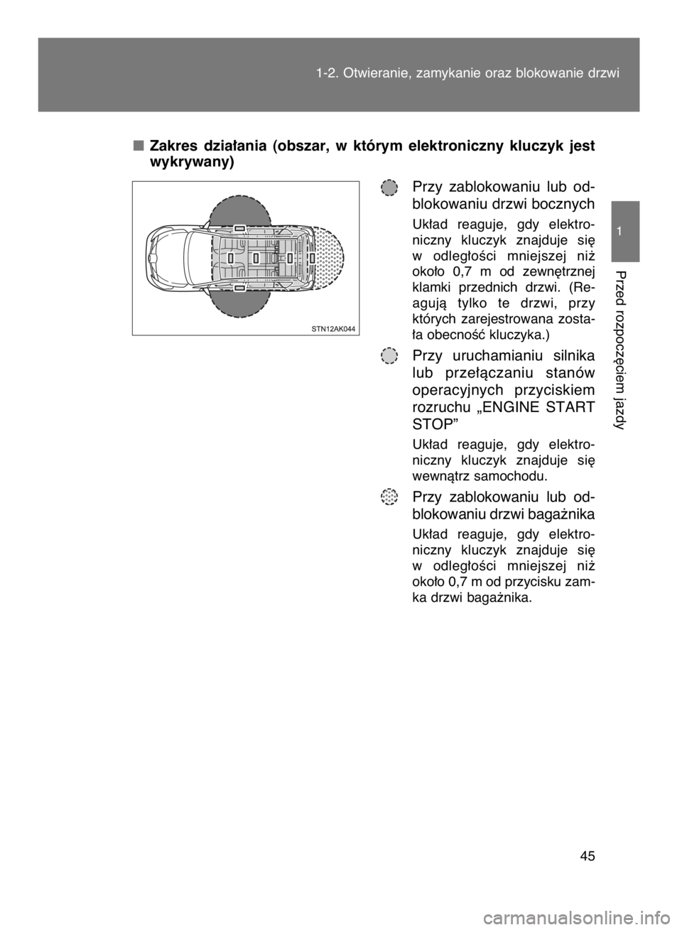 TOYOTA VERSO 2015  Instrukcja obsługi (in Polish) 1-2. Otwieranie, zamykanie oraz blokowanie drzwi
45
1
Przed rozpocz´ciem jazdy
Zakres  dzia∏ania  (obszar,  w którym  elektroniczny  kluczyk  jest
wykrywany)
Przy  zablokowaniu  lub  od-
blokowani