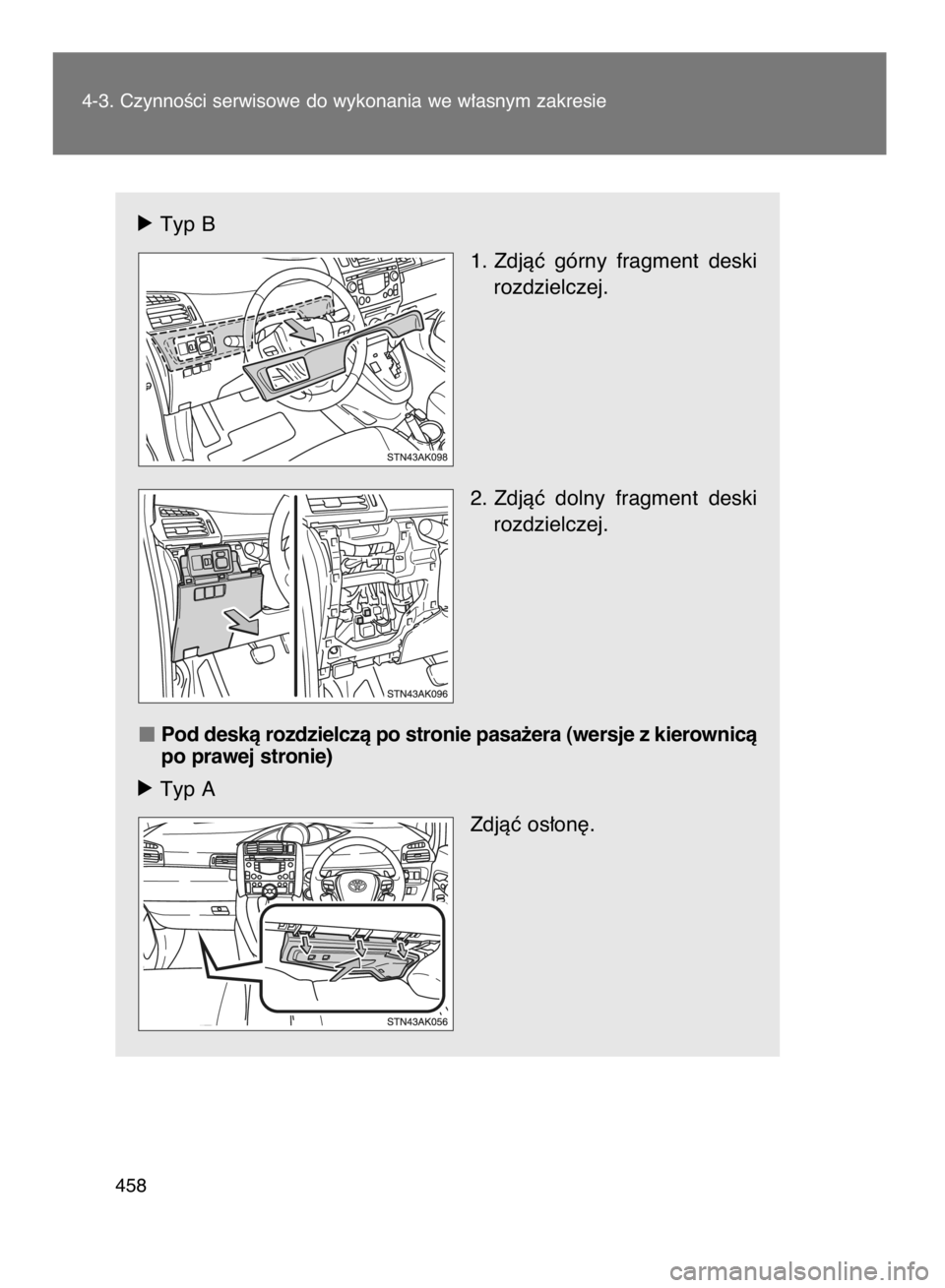 TOYOTA VERSO 2015  Instrukcja obsługi (in Polish) óTyp B
1. Zdjàç  górny  fragment  deski
rozdzielczej.
2. Zdjàç  dolny  fragment  deski
rozdzielczej.
Pod deskà rozdzielczà po stronie pasa˝era (wersje z kierownicà
po prawej stronie)
óTyp A