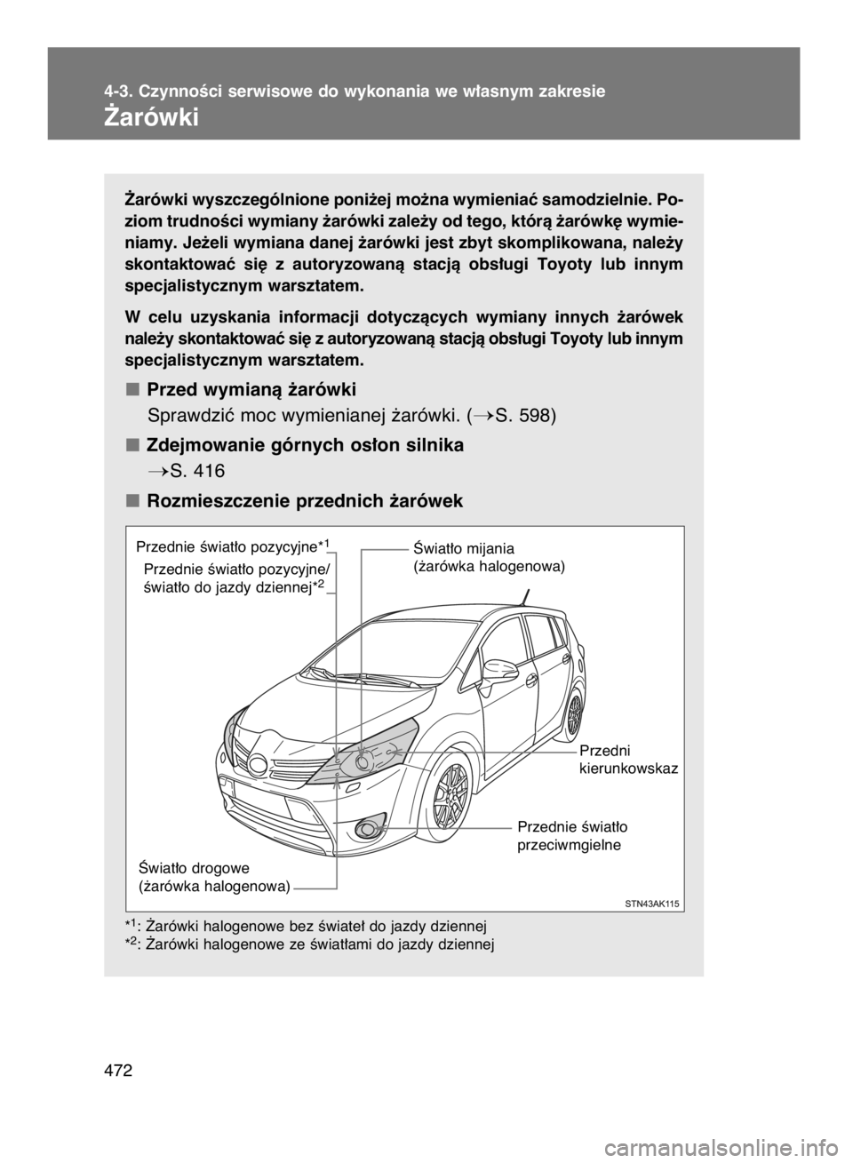 TOYOTA VERSO 2015  Instrukcja obsługi (in Polish) ˚arówki wyszczególnione poni˝ej mo˝na wymieniaç samodzielnie. Po-
ziom trudnoÊci wymiany ˝arówki zale˝y od tego, którà ˝arówk´ wymie-
niamy. Je˝eli wymiana danej ˝arówki jest zbyt sk