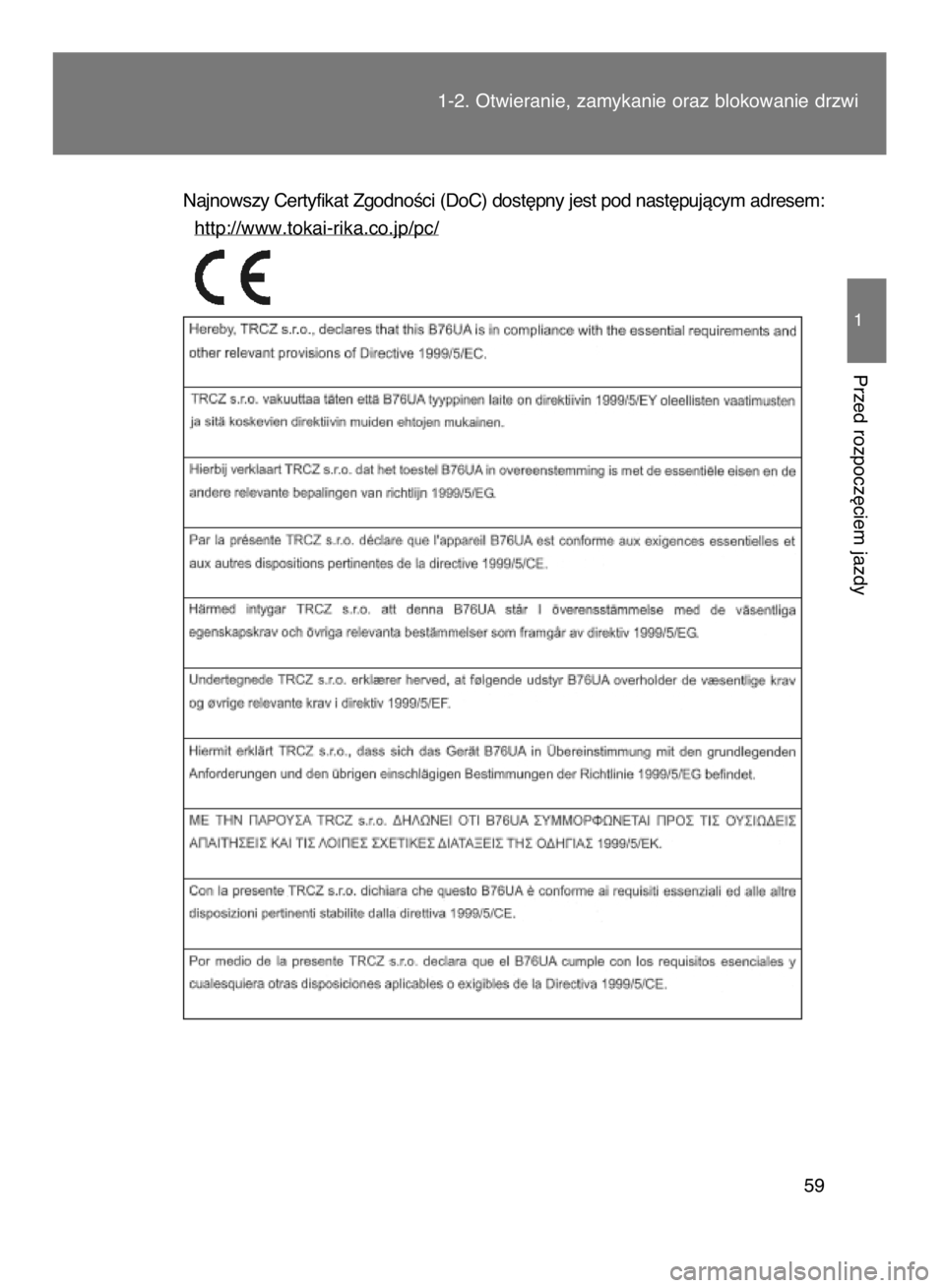 TOYOTA VERSO 2015  Instrukcja obsługi (in Polish) Najnowszy Certyfikat ZgodnoÊci (DoC) dost´pny jest pod nast´pujàcym adresem:
http://www.tokai-rika.co.jp/pc/
1-2. Otwieranie, zamykanie oraz blokowanie drzwi
59
1
Przed rozpocz´ciem jazdy
7 INSTR