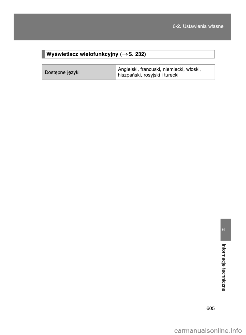 TOYOTA VERSO 2015  Instrukcja obsługi (in Polish) 6-2. Ustawienia w∏asne
605
6
Informacje techniczne
WyÊwietlacz wielofunkcyjny (S. 232)
Dost´pne j´zykiAngielski, francuski, niemiecki, w∏oski, 
hiszpaƒski, rosyjski i turecki
7 INSTR VERSO OM