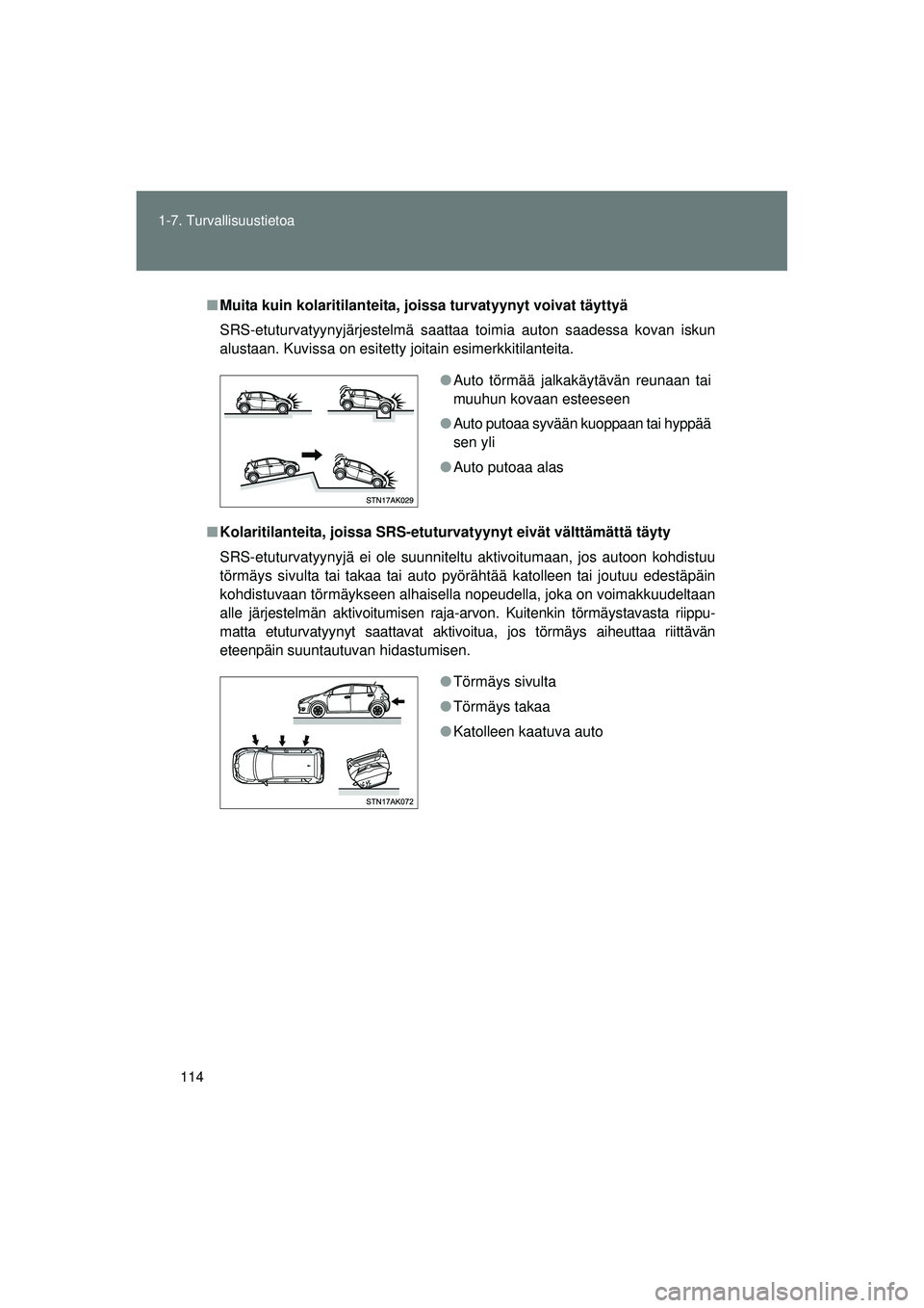 TOYOTA VERSO 2015 Omistajan Käsikirja (in Finnish) 114
1-7. Turvallisuustietoa
OM64574FI
■
Muita kuin kolaritilanteita, jo issa turvatyynyt voivat täyttyä
SRS-etuturvatyynyjärjestelmä saattaa toimia auton saadessa kovan iskun
alustaan. Kuvissa o TOYOTA VERSO 2015 Omistajan Käsikirja (in Finnish) 114
1-7. Turvallisuustietoa
OM64574FI
■
Muita kuin kolaritilanteita, jo issa turvatyynyt voivat täyttyä
SRS-etuturvatyynyjärjestelmä saattaa toimia auton saadessa kovan iskun
alustaan. Kuvissa o