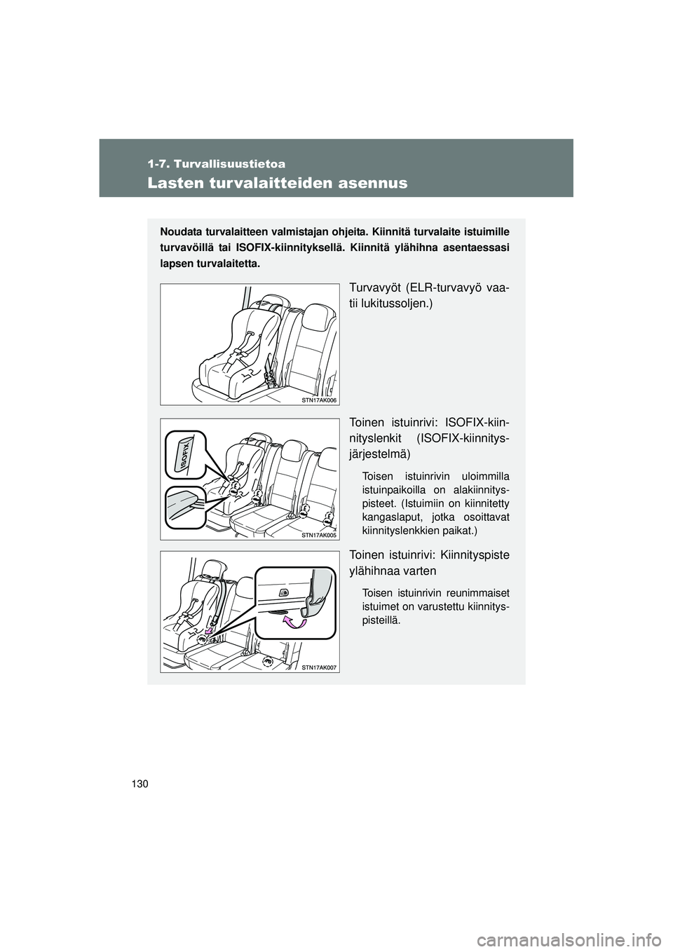 TOYOTA VERSO 2015 Omistajan Käsikirja (in Finnish) 130
1-7. Turvallisuustietoa
OM64574FI
Lasten tur valaitteiden asennus
Noudata turvalaitteen valmistajan ohjeita. Kiinnitä turvalaite istuimille
turvavöillä tai ISOFIX-kiinnityksellä. Kiinnitä yl TOYOTA VERSO 2015 Omistajan Käsikirja (in Finnish) 130
1-7. Turvallisuustietoa
OM64574FI
Lasten tur valaitteiden asennus
Noudata turvalaitteen valmistajan ohjeita. Kiinnitä turvalaite istuimille
turvavöillä tai ISOFIX-kiinnityksellä. Kiinnitä yl