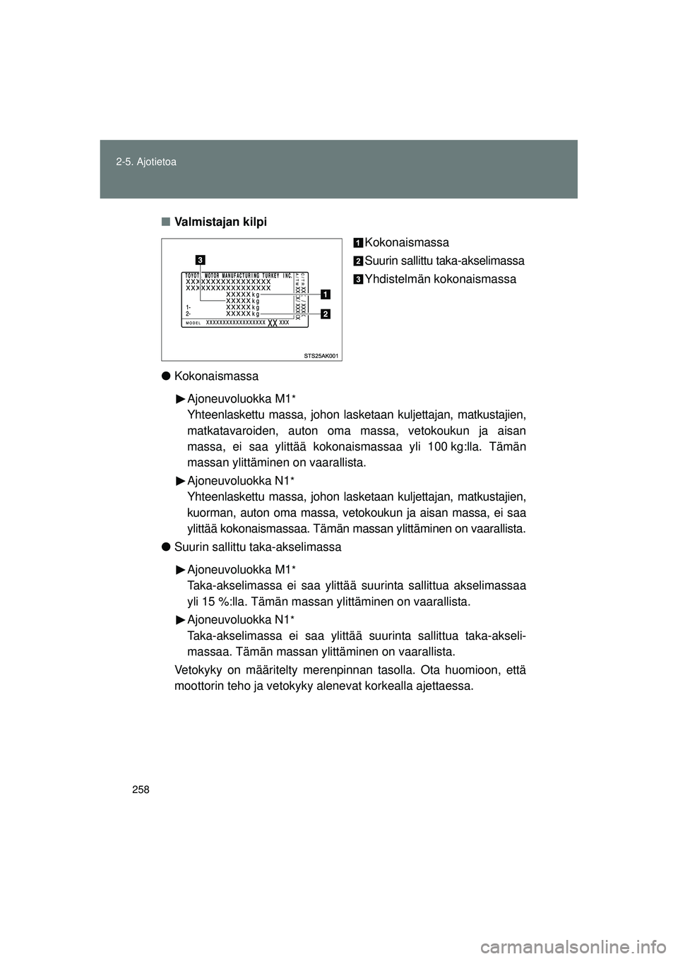 TOYOTA VERSO 2015 Omistajan Käsikirja (in Finnish) 258
2-5. Ajotietoa
OM64574FI
■
Valmistajan kilpi
Kokonaismassa
Suurin sallittu taka-akselimassa
Yhdistelmän kokonaismassa
● Kokonaismassa
Ajoneuvoluokka M1
*
Yhteenlaskettu massa, johon laske taa TOYOTA VERSO 2015 Omistajan Käsikirja (in Finnish) 258
2-5. Ajotietoa
OM64574FI
■
Valmistajan kilpi
Kokonaismassa
Suurin sallittu taka-akselimassa
Yhdistelmän kokonaismassa
● Kokonaismassa
Ajoneuvoluokka M1
*
Yhteenlaskettu massa, johon laske taa