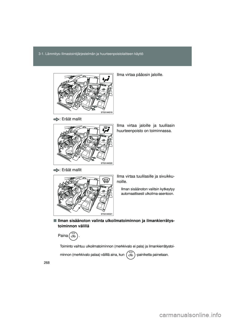 TOYOTA VERSO 2015 Omistajan Käsikirja (in Finnish) 268
3-1. Lämmitys-/ilmastointijärjestelm
än ja huurteenpoistolaitteen käyttö
OM64574FI Ilma virtaa pääosin jaloille.
: Eräät mallit Ilma virtaa jaloille ja tuulilasin
huurteenpoisto on toimin TOYOTA VERSO 2015 Omistajan Käsikirja (in Finnish) 268
3-1. Lämmitys-/ilmastointijärjestelm
än ja huurteenpoistolaitteen käyttö
OM64574FI Ilma virtaa pääosin jaloille.
: Eräät mallit Ilma virtaa jaloille ja tuulilasin
huurteenpoisto on toimin