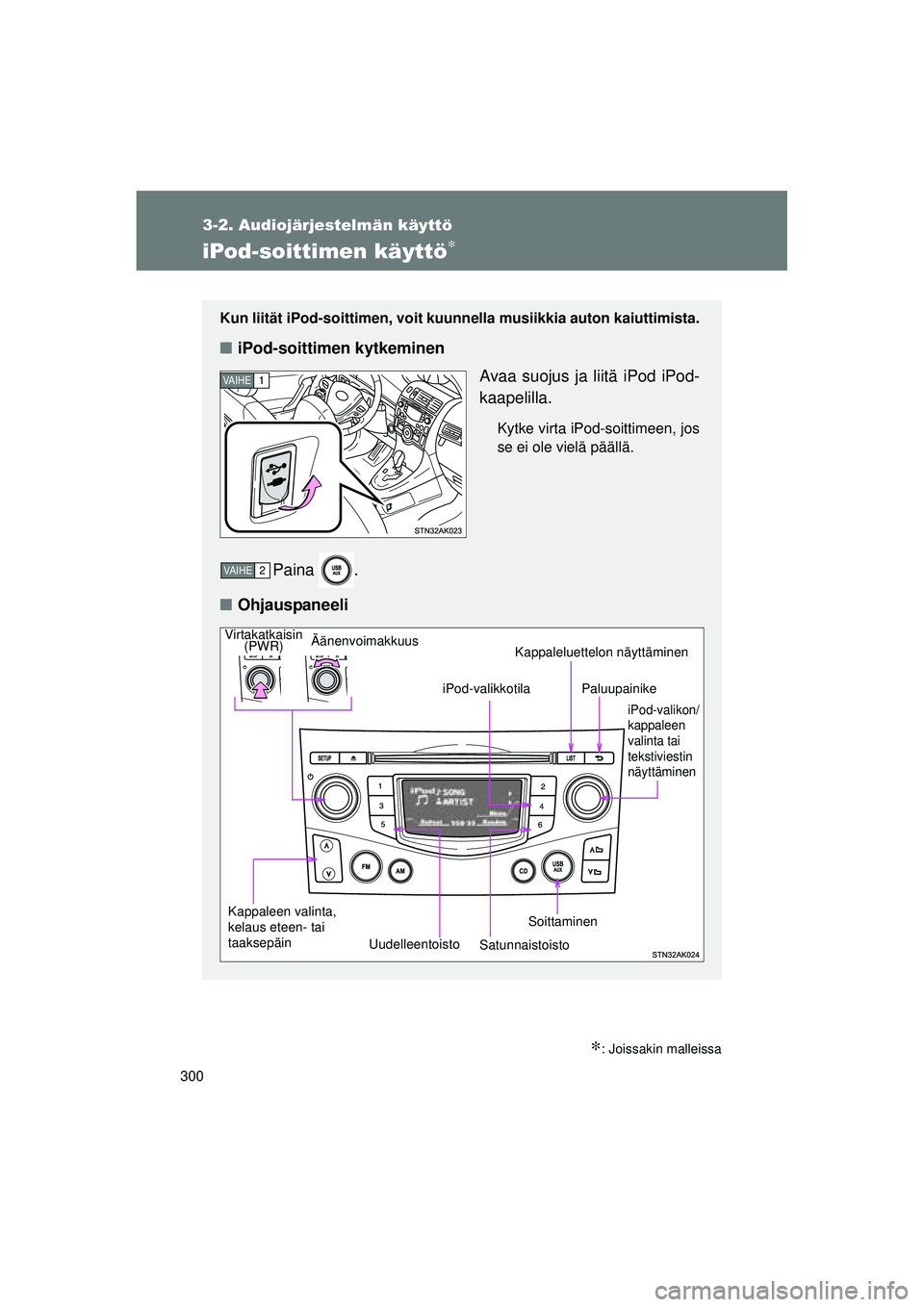 TOYOTA VERSO 2015 Omistajan Käsikirja (in Finnish) 300
3-2. Audiojärjestelmän käyttö
OM64574FI
iPod-soittimen käyttö∗
∗: Joissakin malleissa
Kun liität iPod-soittimen, voit kuunnella musiikkia auton kaiuttimista.
■iPod-soittimen kytkemine TOYOTA VERSO 2015 Omistajan Käsikirja (in Finnish) 300
3-2. Audiojärjestelmän käyttö
OM64574FI
iPod-soittimen käyttö∗
∗: Joissakin malleissa
Kun liität iPod-soittimen, voit kuunnella musiikkia auton kaiuttimista.
■iPod-soittimen kytkemine