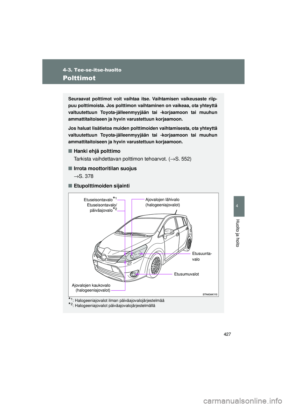 TOYOTA VERSO 2015 Omistajan Käsikirja (in Finnish) 427
4-3. Tee-se-itse-huolto
4
Huolto ja hoito
OM64574FI
Polttimot
Seuraavat polttimot voit vaihtaa itse. Vaihtamisen vaikeusaste riip-
puu polttimoista. Jos polttimon vai htaminen on vaikeaa, ota yhte TOYOTA VERSO 2015 Omistajan Käsikirja (in Finnish) 427
4-3. Tee-se-itse-huolto
4
Huolto ja hoito
OM64574FI
Polttimot
Seuraavat polttimot voit vaihtaa itse. Vaihtamisen vaikeusaste riip-
puu polttimoista. Jos polttimon vai htaminen on vaikeaa, ota yhte