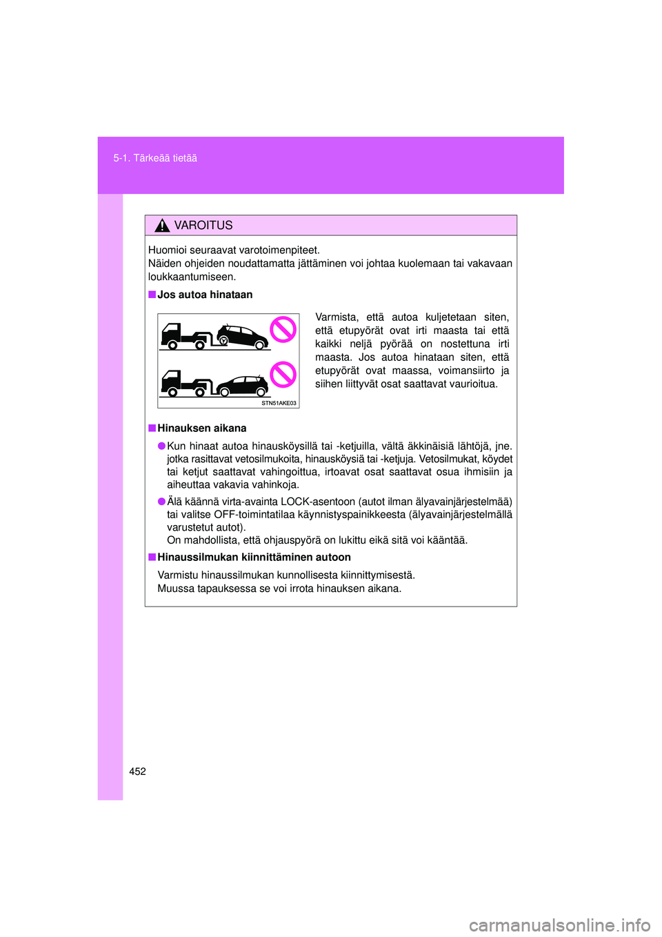 TOYOTA VERSO 2015 Omistajan Käsikirja (in Finnish) 452
5-1. Tärkeää tietää
OM64574FI
VAROITUS
Huomioi seuraavat varotoimenpiteet.
Näiden ohjeiden noudattamatta jättäminen voi johtaa kuolemaan tai vakavaan
loukkaantumiseen.
■
Jos autoa hinat TOYOTA VERSO 2015 Omistajan Käsikirja (in Finnish) 452
5-1. Tärkeää tietää
OM64574FI
VAROITUS
Huomioi seuraavat varotoimenpiteet.
Näiden ohjeiden noudattamatta jättäminen voi johtaa kuolemaan tai vakavaan
loukkaantumiseen.
■
Jos autoa hinat
