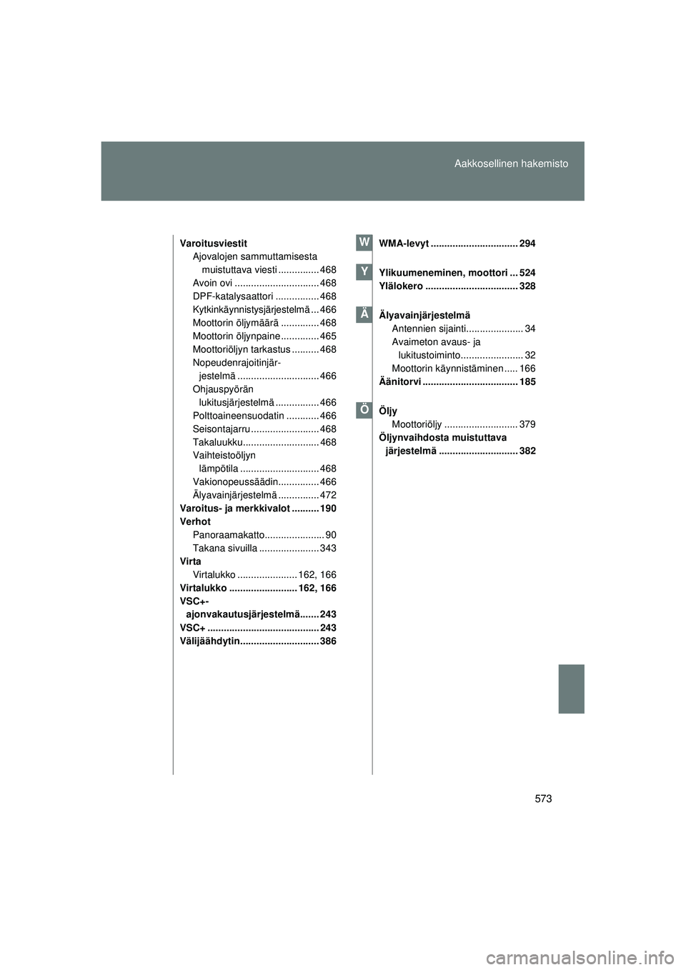 TOYOTA VERSO 2015  Omistajan Käsikirja (in Finnish) 573
Aakkosellinen hakemisto
OM64574FI
Varoitusviestit
Ajovalojen sammuttamisesta
 muistuttava viesti ............... 468
Avoin ovi ............................... 468
DPF-katalysaattori ..............