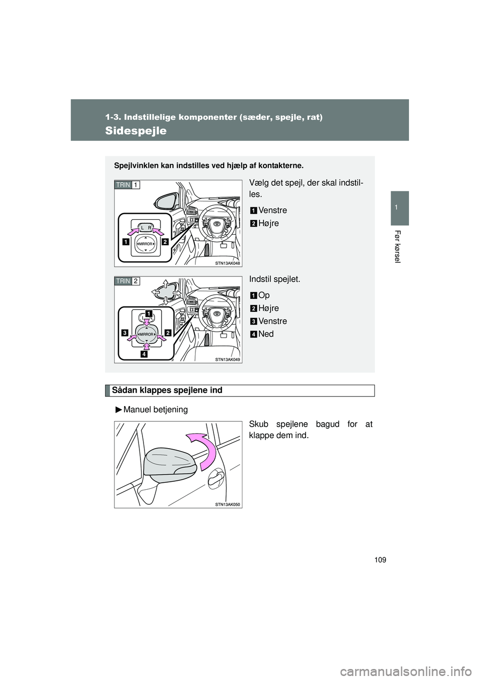 TOYOTA VERSO 2015 Brugsanvisning (in Danish) 109
1
1-3. Indstillelige komponenter (sæder, spejle, rat)
Før kørsel
OM64574DK
Sidespejle
Sådan klappes spejlene indManuel betjening Skub spejlene bagud for at
klappe dem ind.
Spejlvinklen kan ind TOYOTA VERSO 2015 Brugsanvisning (in Danish) 109
1
1-3. Indstillelige komponenter (sæder, spejle, rat)
Før kørsel
OM64574DK
Sidespejle
Sådan klappes spejlene indManuel betjening Skub spejlene bagud for at
klappe dem ind.
Spejlvinklen kan ind