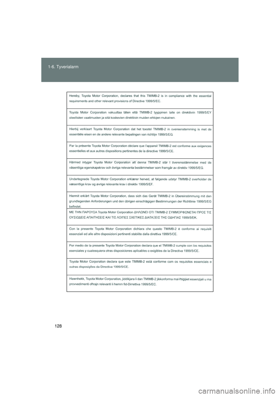 TOYOTA VERSO 2015  Brugsanvisning (in Danish) 128
1-6. Tyverialarm
OM64574DK
OM64574DK.book  Page 128  Friday, February 20, 2015  2:31 PM 