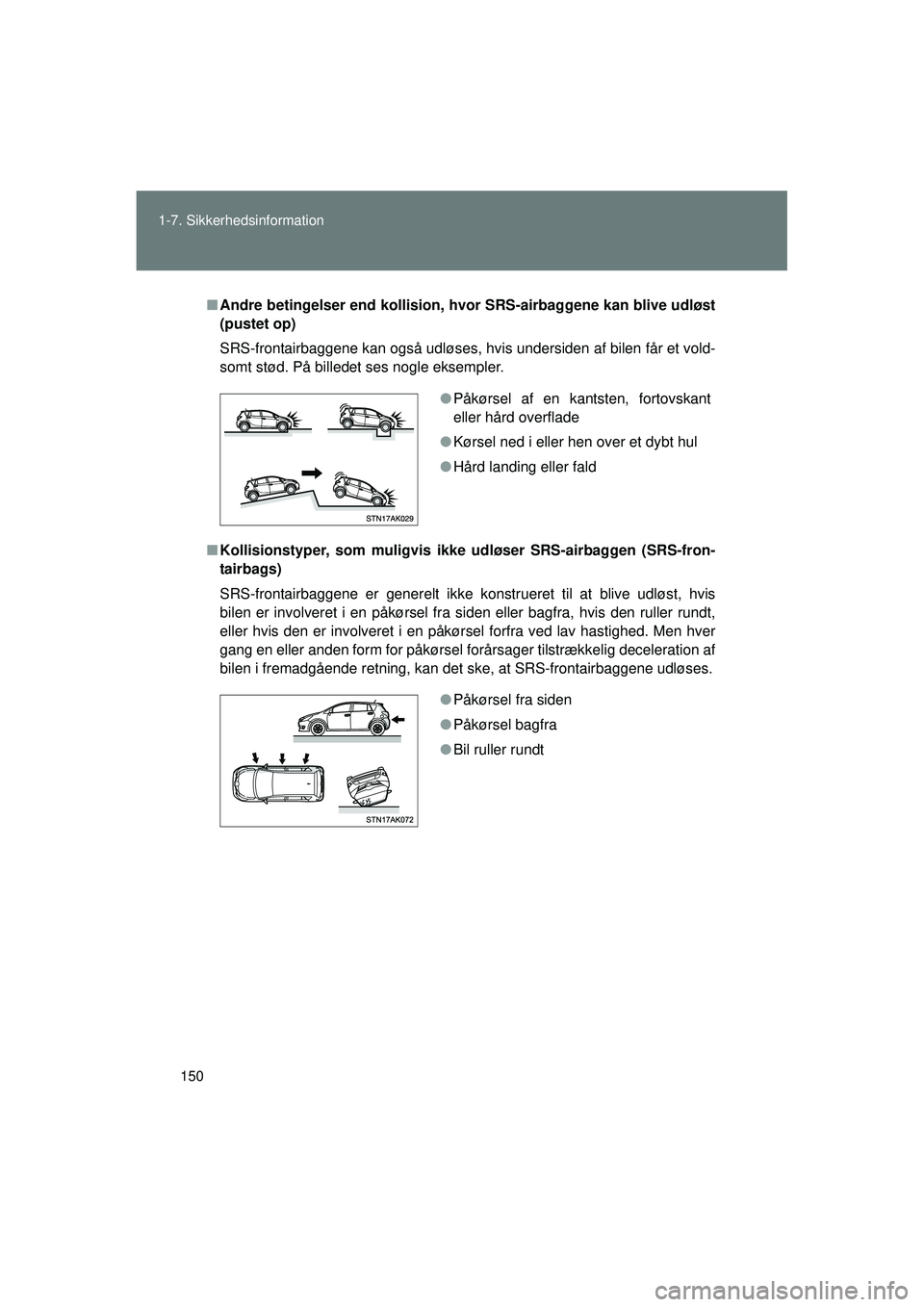 TOYOTA VERSO 2015 Brugsanvisning (in Danish) 150
1-7. Sikkerhedsinformation
OM64574DK
■
Andre betingelser end kollision, hv or SRS-airbaggene kan blive udløst
(pustet op)
SRS-frontairbaggene kan også udløses, hvis undersiden af bilen får e TOYOTA VERSO 2015 Brugsanvisning (in Danish) 150
1-7. Sikkerhedsinformation
OM64574DK
■
Andre betingelser end kollision, hv or SRS-airbaggene kan blive udløst
(pustet op)
SRS-frontairbaggene kan også udløses, hvis undersiden af bilen får e