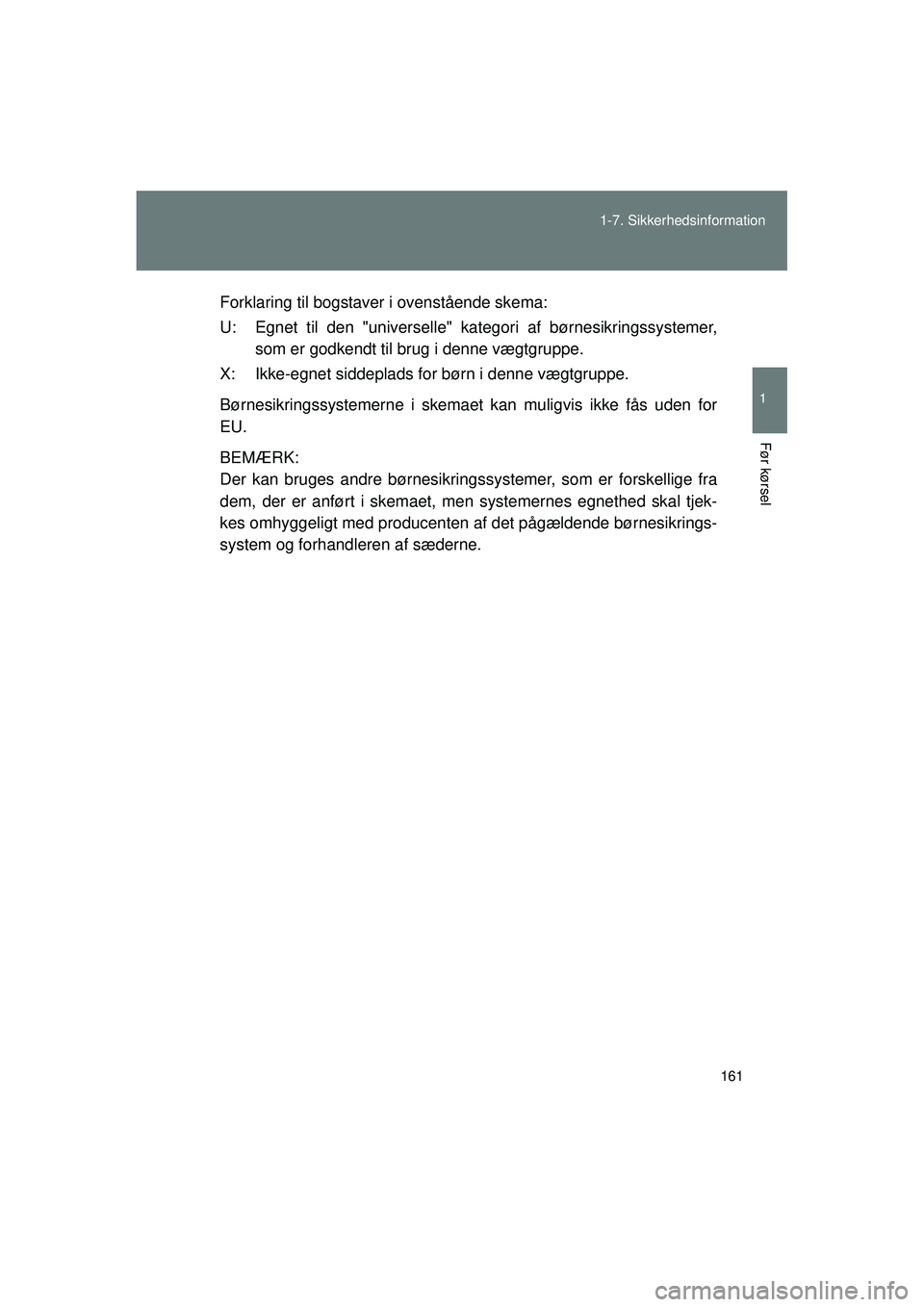 TOYOTA VERSO 2015  Brugsanvisning (in Danish) 161
1-7. Sikkerhedsinformation
1
Før kørsel
OM64574DK
Forklaring til bogstaver i ovenstående skema:
U: Egnet til den "universelle" kategori af børnesikringssystemer,
som er godkendt til brug i den