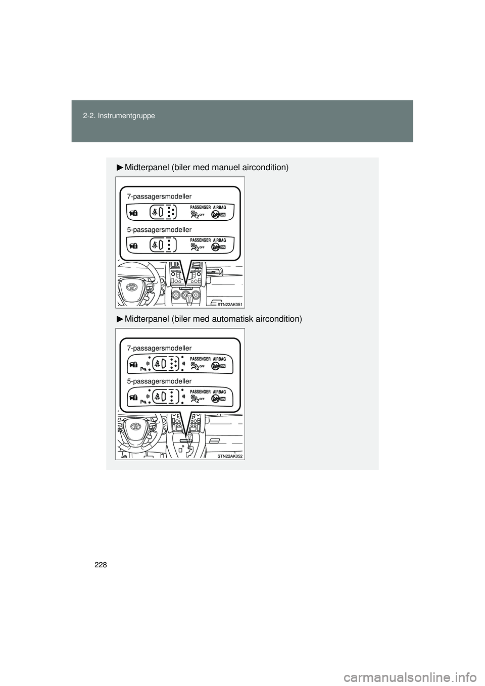TOYOTA VERSO 2015  Brugsanvisning (in Danish) 228
2-2. Instrumentgruppe
OM64574DK
Midterpanel (biler med manuel aircondition)
Midterpanel (biler med automatisk aircondition)
7-passagersmodeller
5-passagersmodeller
7-passagersmodeller
5-passagersm