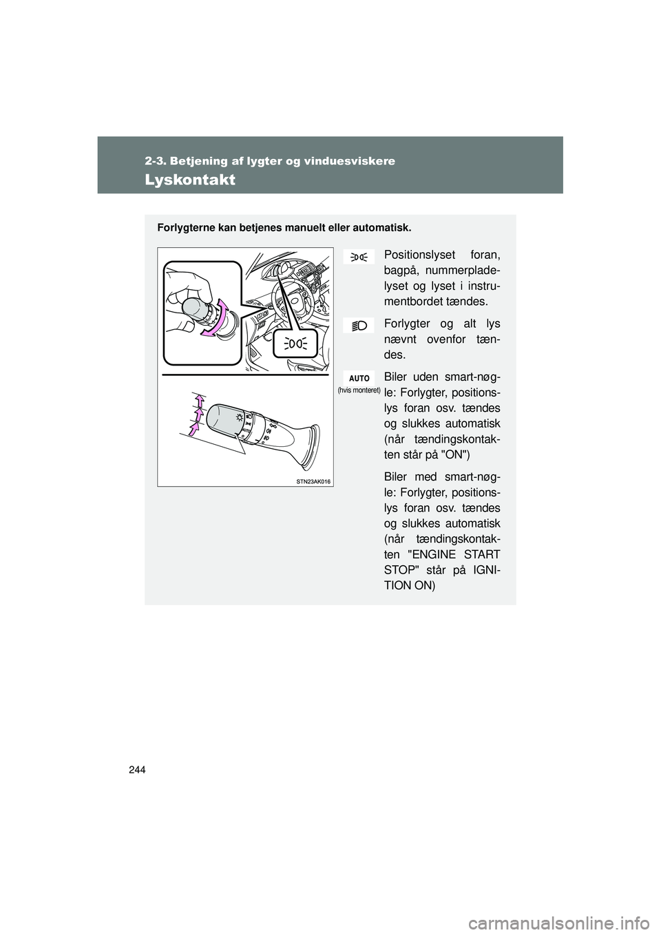 TOYOTA VERSO 2015 Brugsanvisning (in Danish) 244
OM64574DK
2-3. Betjening af lygter og vinduesviskere
Lyskontakt
Forlygterne kan betjenes manuelt eller automatisk.
Positionslyset foran,
bagpå, nummerplade-
lyset og lyset i instru-
mentbordet t TOYOTA VERSO 2015 Brugsanvisning (in Danish) 244
OM64574DK
2-3. Betjening af lygter og vinduesviskere
Lyskontakt
Forlygterne kan betjenes manuelt eller automatisk.
Positionslyset foran,
bagpå, nummerplade-
lyset og lyset i instru-
mentbordet t