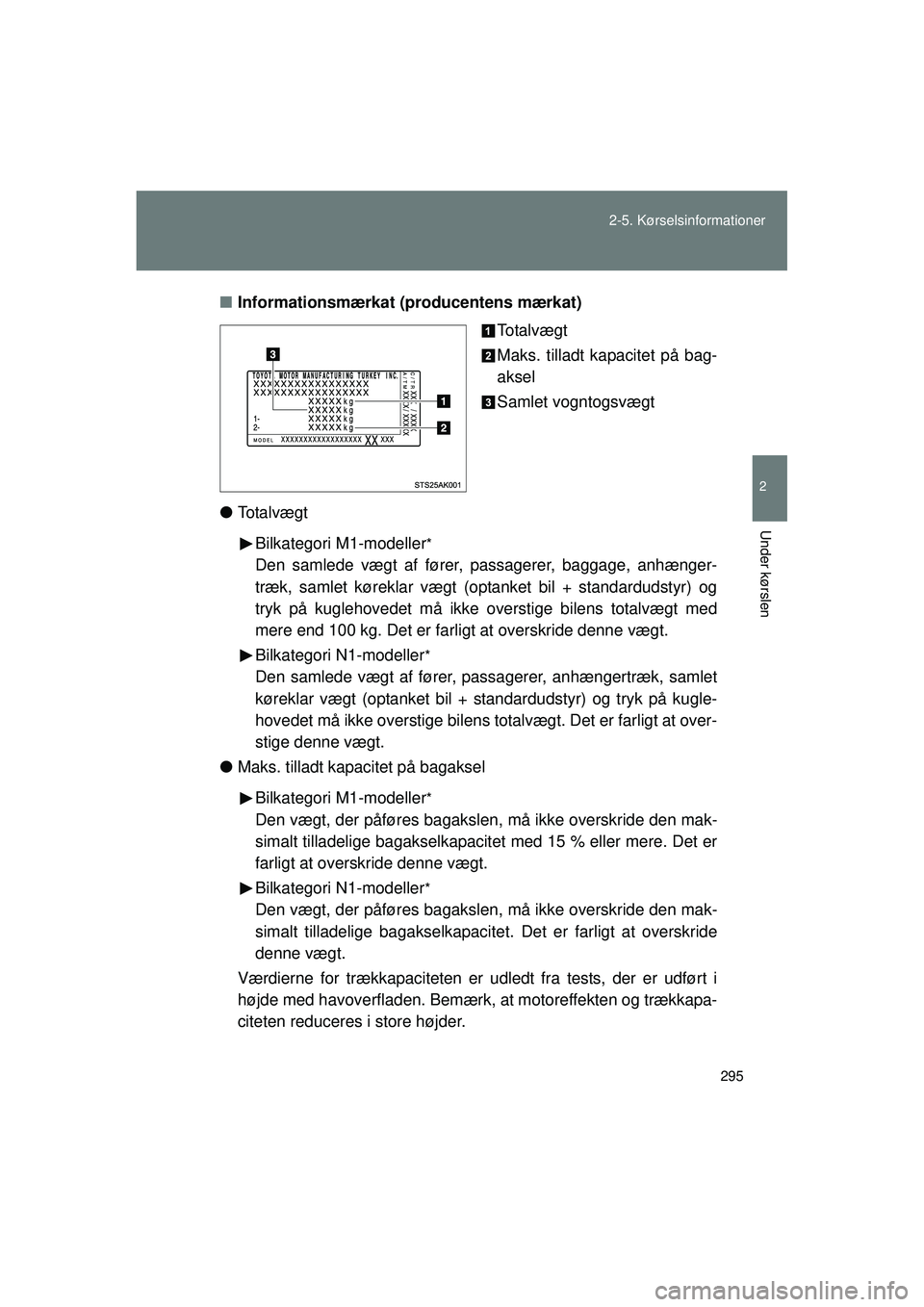 TOYOTA VERSO 2015  Brugsanvisning (in Danish) 295
2-5. Kørselsinformationer
2
Under kørslen
OM64574DK
■
Informationsmærkat (producentens mærkat)
To t a l v æ g t
Maks. tilladt kapacitet på bag-
aksel
Samlet vogntogsvægt
● To t a l v æ
