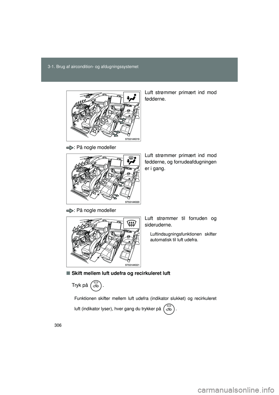 TOYOTA VERSO 2015 Brugsanvisning (in Danish) 306
3-1. Brug af aircondition- og afdugningssystemet
OM64574DK
Luft strømmer primært ind mod
fødderne.
: På nogle modeller Luft strømmer primært ind mod
fødderne, og forrudeafdugningen
er i gan TOYOTA VERSO 2015 Brugsanvisning (in Danish) 306
3-1. Brug af aircondition- og afdugningssystemet
OM64574DK
Luft strømmer primært ind mod
fødderne.
: På nogle modeller Luft strømmer primært ind mod
fødderne, og forrudeafdugningen
er i gan