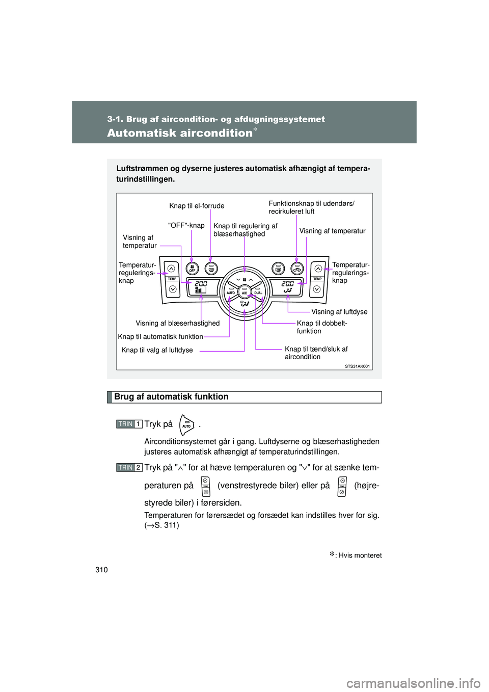 TOYOTA VERSO 2015 Brugsanvisning (in Danish) 310
3-1. Brug af aircondition- og afdugningssystemet
OM64574DK
Automatisk aircondition∗
Brug af automatisk funktionTryk på .
Airconditionsystemet går i gang. Luftdyserne og blæserhastigheden
jus TOYOTA VERSO 2015 Brugsanvisning (in Danish) 310
3-1. Brug af aircondition- og afdugningssystemet
OM64574DK
Automatisk aircondition∗
Brug af automatisk funktionTryk på .
Airconditionsystemet går i gang. Luftdyserne og blæserhastigheden
jus