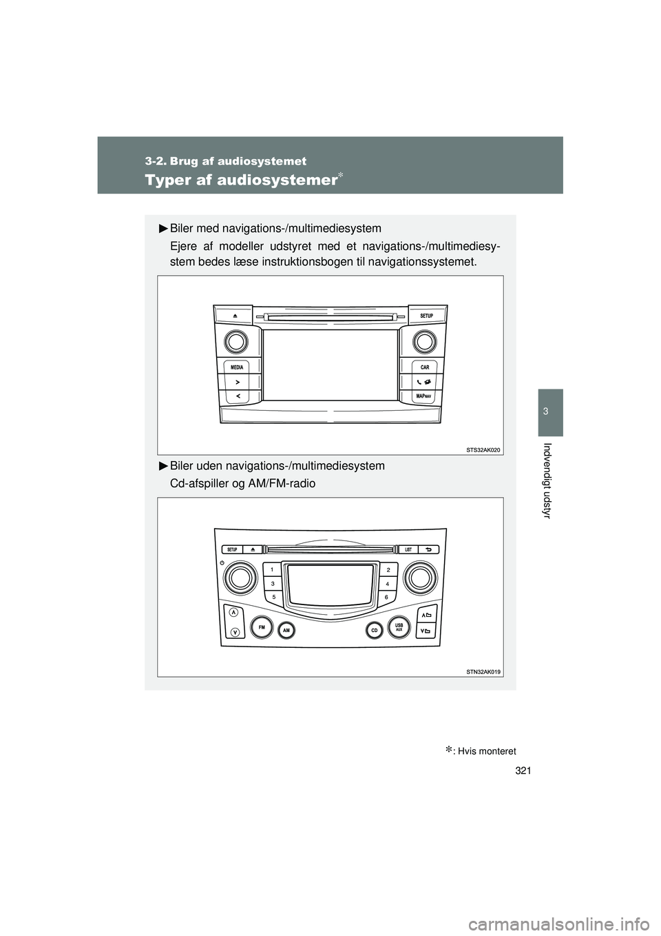 TOYOTA VERSO 2015 Brugsanvisning (in Danish) 321
3
Indvendigt udstyr
OM64574DK
3-2. Brug af audiosystemet
Typer af audiosystemer∗
∗: Hvis monteret
Biler med navigations-/multimediesystem
Ejere af modeller udstyret med et navigations-/multime TOYOTA VERSO 2015 Brugsanvisning (in Danish) 321
3
Indvendigt udstyr
OM64574DK
3-2. Brug af audiosystemet
Typer af audiosystemer∗
∗: Hvis monteret
Biler med navigations-/multimediesystem
Ejere af modeller udstyret med et navigations-/multime