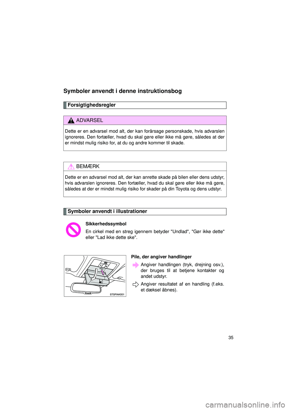 TOYOTA VERSO 2015 Brugsanvisning (in Danish) 35
OM64574DK
Symboler anvendt i denne instruktionsbog
Forsigtighedsregler
Symboler anvendt i illustrationer
ADVARSEL
Dette er en advarsel mod alt, der kan forårsage personskade, hvis advarslen
ignore TOYOTA VERSO 2015 Brugsanvisning (in Danish) 35
OM64574DK
Symboler anvendt i denne instruktionsbog
Forsigtighedsregler
Symboler anvendt i illustrationer
ADVARSEL
Dette er en advarsel mod alt, der kan forårsage personskade, hvis advarslen
ignore