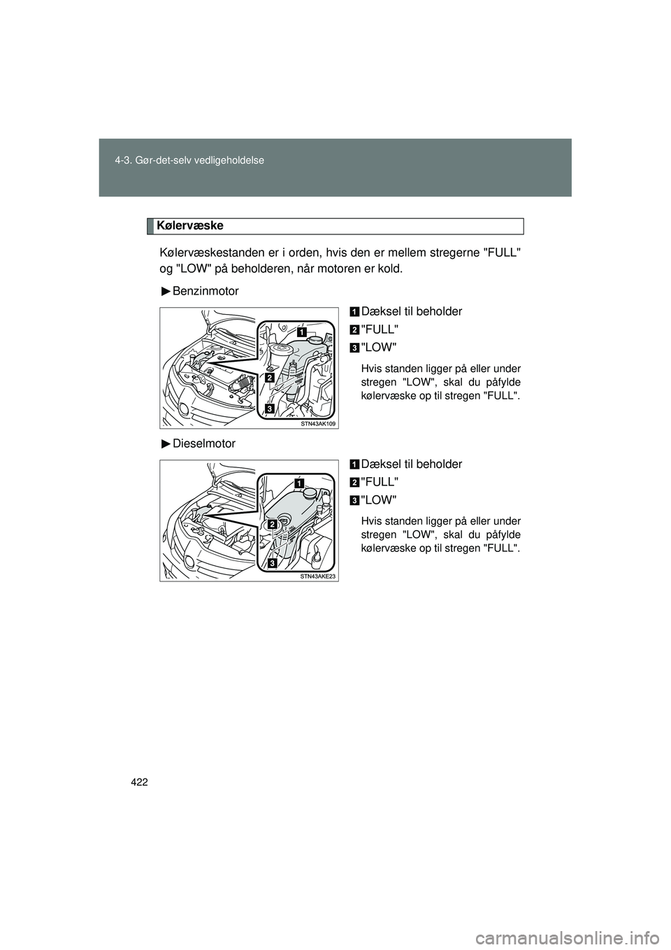 TOYOTA VERSO 2015  Brugsanvisning (in Danish) 422
4-3. Gør-det-selv vedligeholdelse
OM64574DK
Kølervæske
Kølervæskestanden er i orden, hvis den er mellem stregerne "FULL"
og "LOW" på beholderen, når motoren er kold. Benzinmotor Dæksel til