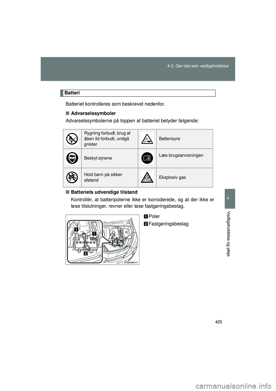 TOYOTA VERSO 2015  Brugsanvisning (in Danish) 425
4-3. Gør-det-selv vedligeholdelse
4
Vedligeholdelse og pleje
OM64574DK
Batteri
Batteriet kontrolleres som beskrevet nedenfor.
■ Advarselssymboler
Advarselssymbolerne på toppen af batteriet bet