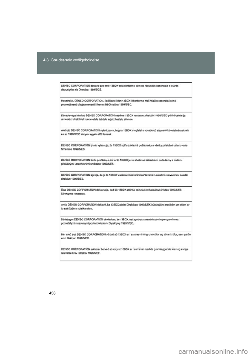 TOYOTA VERSO 2015 Brugsanvisning (in Danish) 438
4-3. Gør-det-selv vedligeholdelse
OM64574DK
OM64574DK.book Page 438 Friday, February 20, 2015 2:31 PM TOYOTA VERSO 2015 Brugsanvisning (in Danish) 438
4-3. Gør-det-selv vedligeholdelse
OM64574DK
OM64574DK.book Page 438 Friday, February 20, 2015 2:31 PM