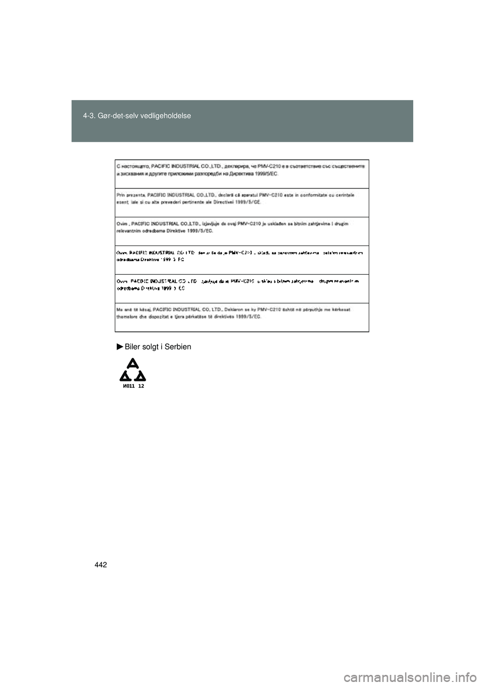 TOYOTA VERSO 2015 Brugsanvisning (in Danish) 442
4-3. Gør-det-selv vedligeholdelse
OM64574DK
Biler solgt i Serbien
OM64574DK.book Page 442 Friday, February 20, 2015 2:31 PM TOYOTA VERSO 2015 Brugsanvisning (in Danish) 442
4-3. Gør-det-selv vedligeholdelse
OM64574DK
Biler solgt i Serbien
OM64574DK.book Page 442 Friday, February 20, 2015 2:31 PM
