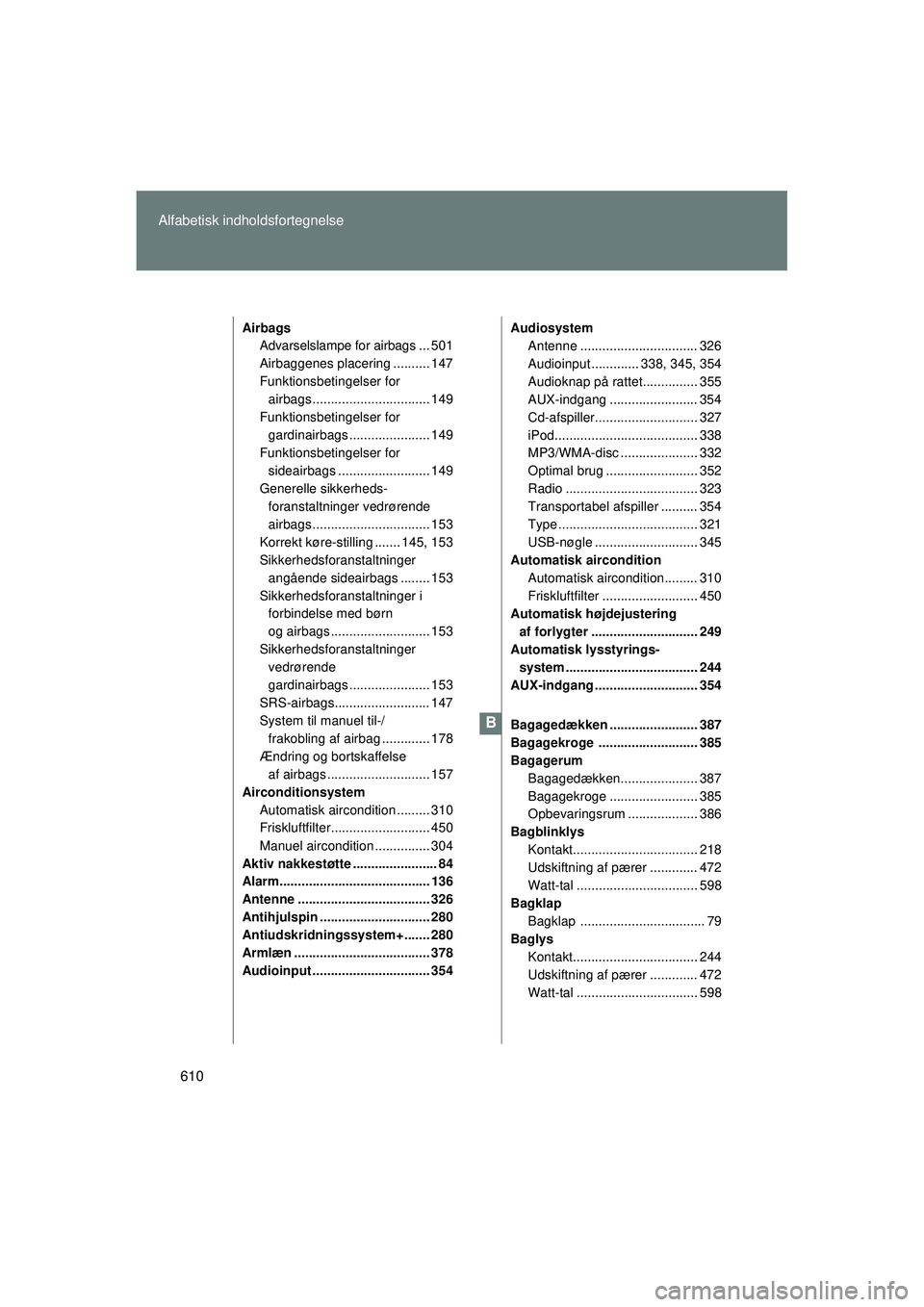 TOYOTA VERSO 2015  Brugsanvisning (in Danish) 610
Alfabetisk indholdsfortegnelse
OM64574DK
Airbags
Advarselslampe for airbags ... 501
Airbaggenes placering .......... 147
Funktionsbetingelser for airbags ................................ 149
Funkt