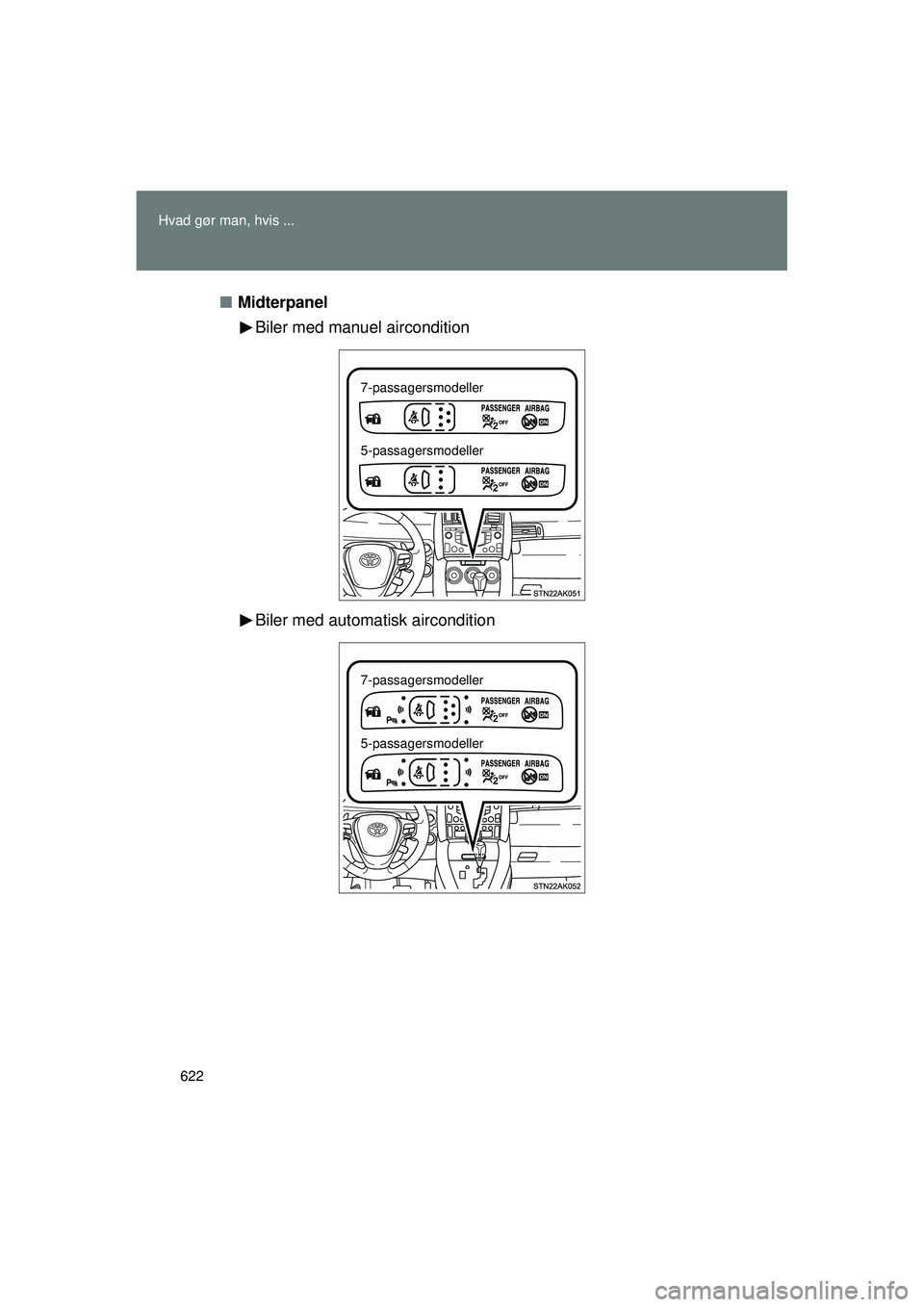TOYOTA VERSO 2015 Brugsanvisning (in Danish) 622
Hvad gør man, hvis ...
OM64574DK
■
Midterpanel
Biler med manuel aircondition
Biler med automatisk aircondition
7-passagersmodeller
5-passagersmodeller
7-passagersmodeller
5-passagersmodeller
OM TOYOTA VERSO 2015 Brugsanvisning (in Danish) 622
Hvad gør man, hvis ...
OM64574DK
■
Midterpanel
Biler med manuel aircondition
Biler med automatisk aircondition
7-passagersmodeller
5-passagersmodeller
7-passagersmodeller
5-passagersmodeller
OM
