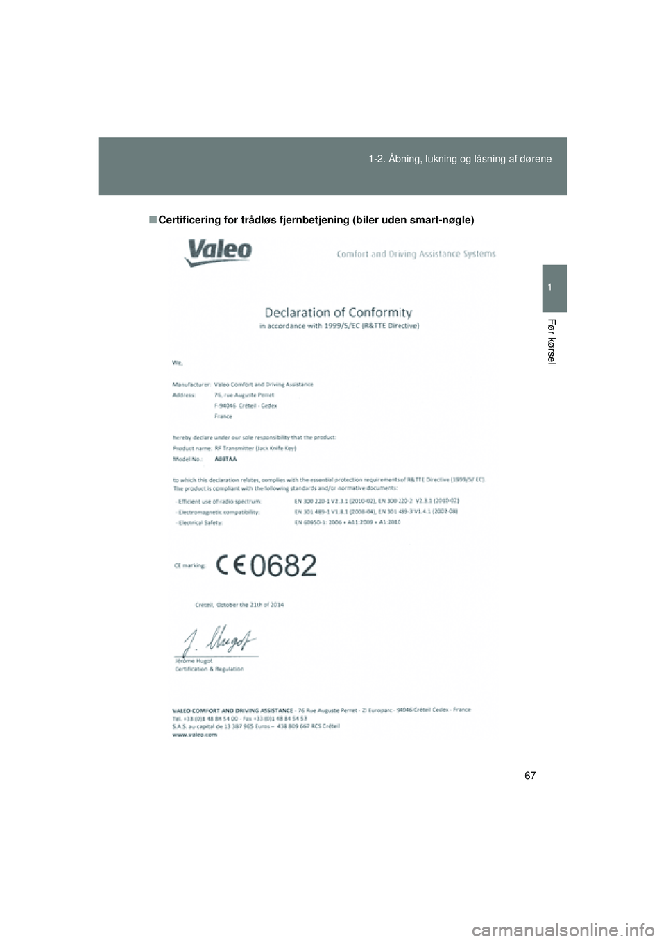 TOYOTA VERSO 2015  Brugsanvisning (in Danish) 67
1-2. Åbning, lukning og låsning af dørene
1
Før kørsel
OM64574DK
■
Certificering for trådløs fjernbetj ening (biler uden smart-nøgle)
OM64574DK.book  Page 67  Friday, February 20, 2015  2