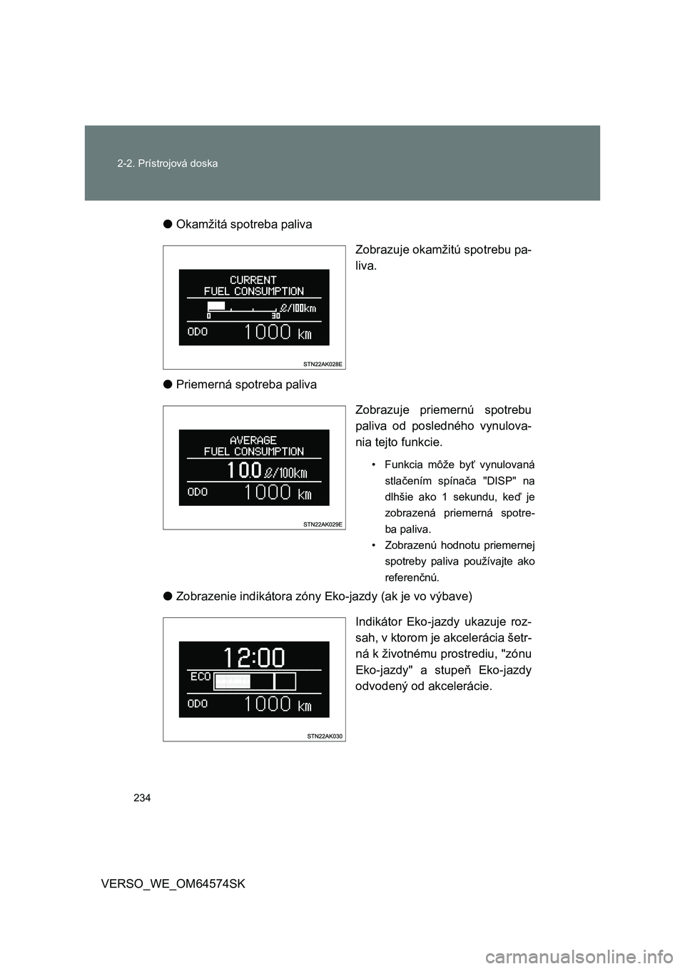 TOYOTA VERSO 2015  Návod na použitie (in Slovakian) 234 2-2. Prístrojová doska
VERSO_WE_OM64574SK●Okamžitá spotreba paliva
Zobrazuje okamžitú spotrebu pa-
liva. 
●Priemerná spotreba paliva
Zobrazuje priemernú spotrebu
paliva od posledného 