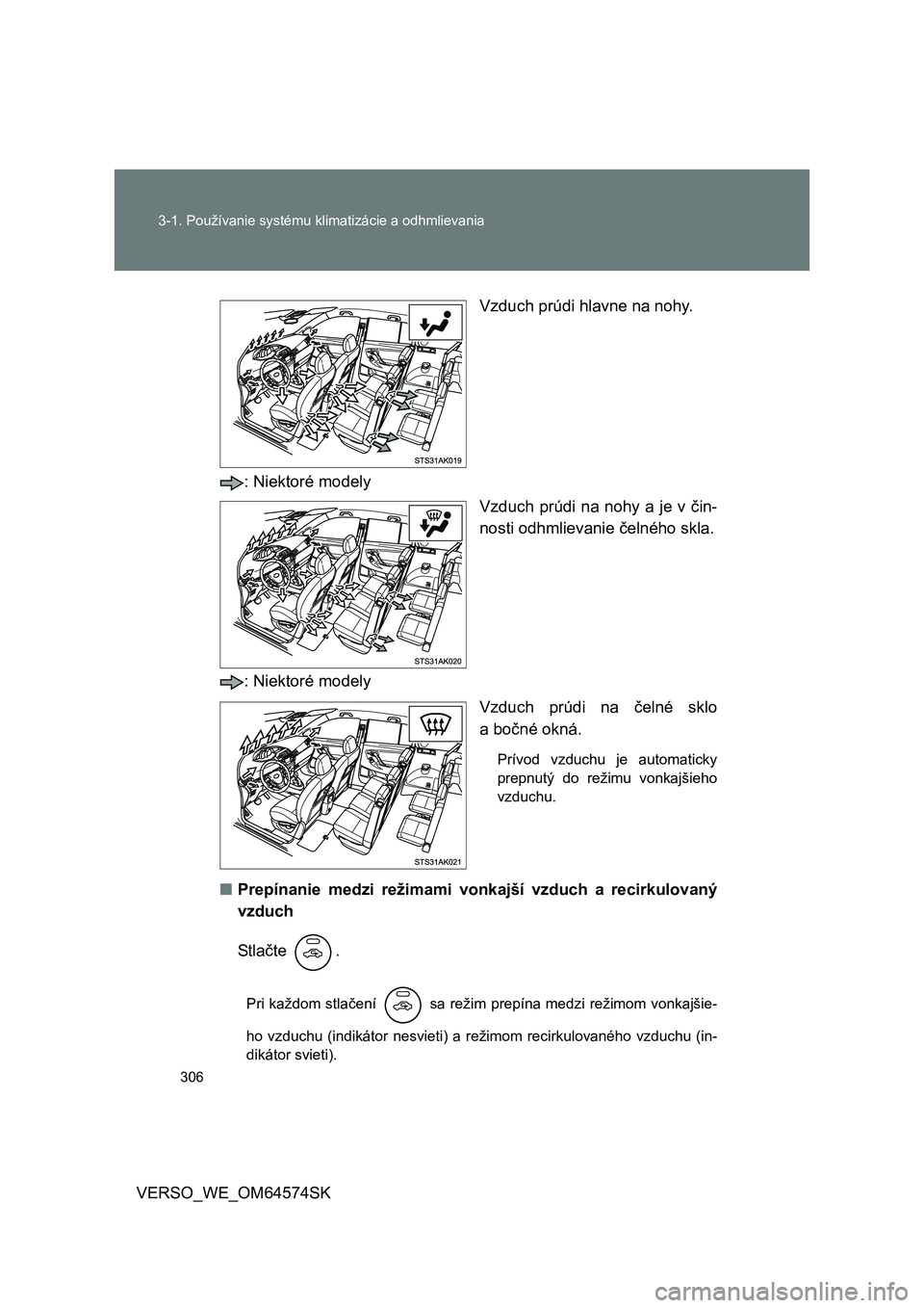 TOYOTA VERSO 2015 Návod na použitie (in Slovakian) 306 3-1. Používanie systému klimatizácie a odhmlievania
VERSO_WE_OM64574SKVzduch prúdi hlavne na nohy.
: Niektoré modely
Vzduch prúdi na nohy a je v čin-
nosti odhmlievanie čelného skla.
: N TOYOTA VERSO 2015 Návod na použitie (in Slovakian) 306 3-1. Používanie systému klimatizácie a odhmlievania
VERSO_WE_OM64574SKVzduch prúdi hlavne na nohy.
: Niektoré modely
Vzduch prúdi na nohy a je v čin-
nosti odhmlievanie čelného skla.
: N